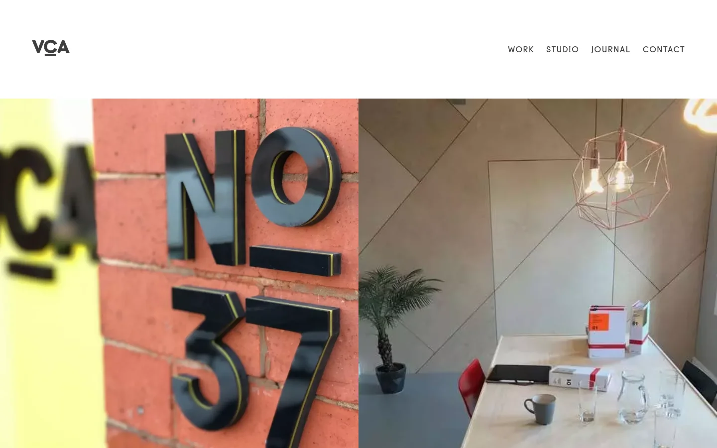 The desktop Contact page features a clean white header with the VCA logo and navigation links for Work, Studio, Journal, and Contact. Below the header is a large hero image split into two parts: a close-up of black 'NO 37' numbers on a red brick wall and an interior shot of a bright studio space with a wooden table and geometric pendant light. The main content area uses large, dark grey typography on a light grey background, inviting users to get in touch via email, phone, or address.