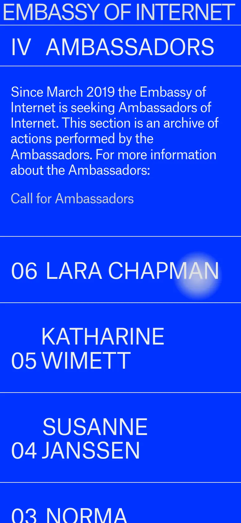 The mobile version maintains the high-contrast blue and white color scheme but uses a stacked, single-column layout. The header and introductory text are centered or left-aligned at the top, followed by large, full-width rows for each ambassador entry, making the names and numbers highly legible for vertical scrolling.
