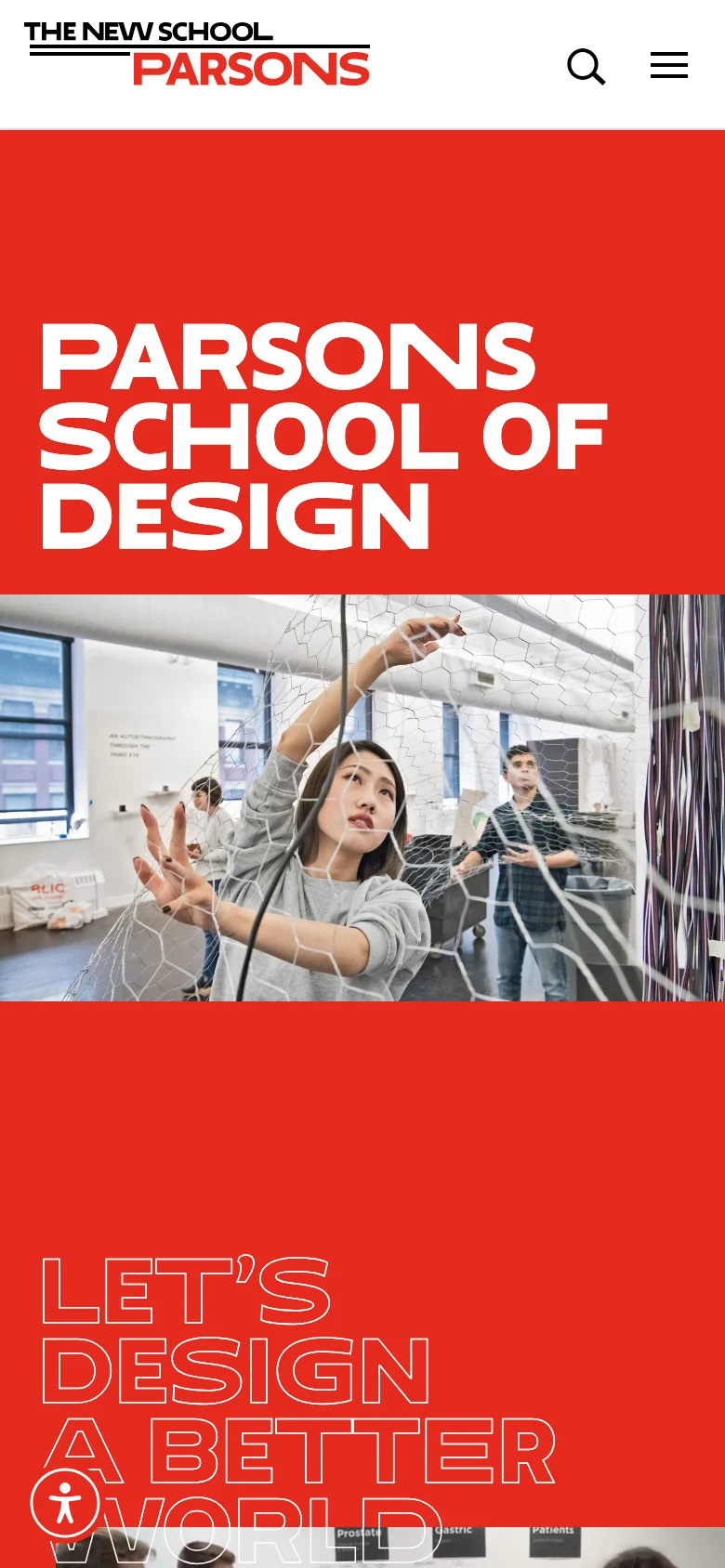 The mobile version simplifies the layout, replacing the horizontal navigation bar with a hamburger menu and a search icon next to the logo. The large red hero section remains dominant, with the 'PARSONS SCHOOL OF DESIGN' text stacked vertically above a full-width image of students. The content is presented in a single-column vertical scroll optimized for small screens.
