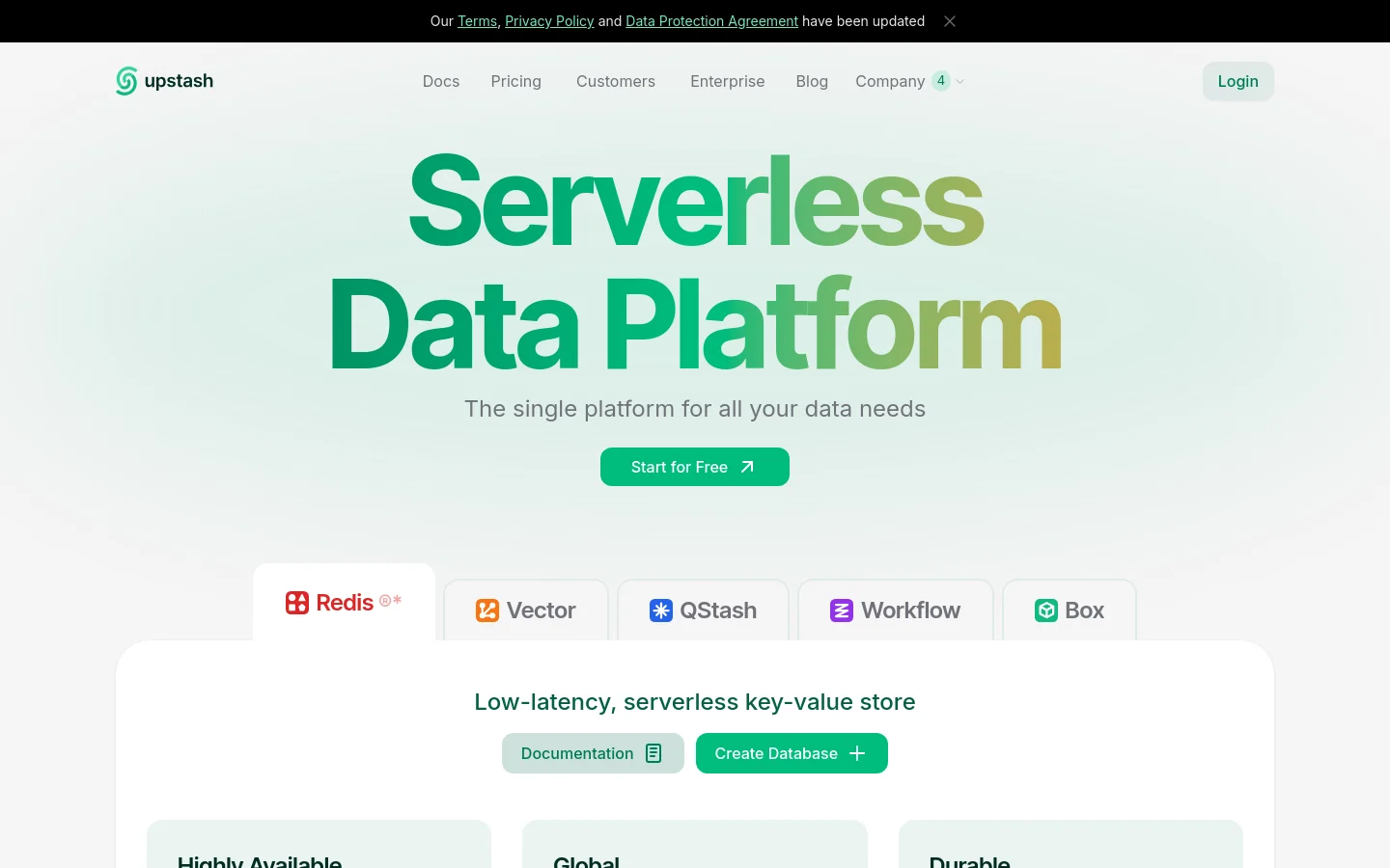 The Upstash homepage features a clean, minimalist design with a light gradient background. A large hero headline reads 'Serverless Data Platform' above a 'Start for Free' call-to-action button, followed by a row of service icons for Redis, Vector, QStash, Workflow, and Box. The layout uses ample white space and dark green and lime green accents for text and buttons.
