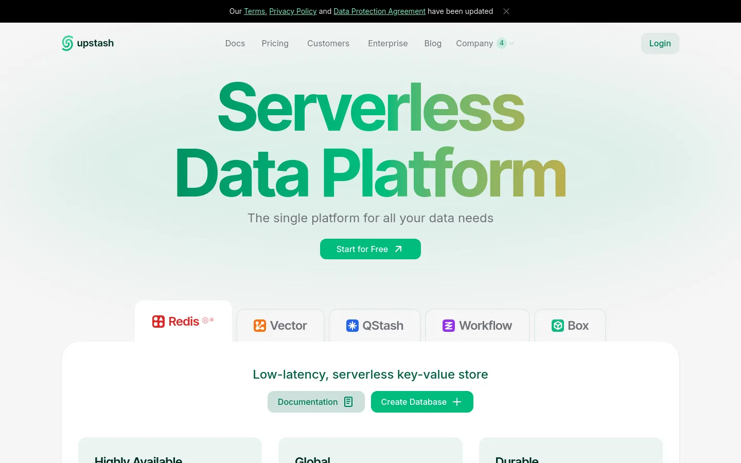 The Upstash homepage features a clean, minimalist design with a light gradient background. A large hero headline reads 'Serverless Data Platform' above a 'Start for Free' call-to-action button, followed by a row of service icons for Redis, Vector, QStash, Workflow, and Box. The layout uses ample white space and dark green and lime green accents for text and buttons.