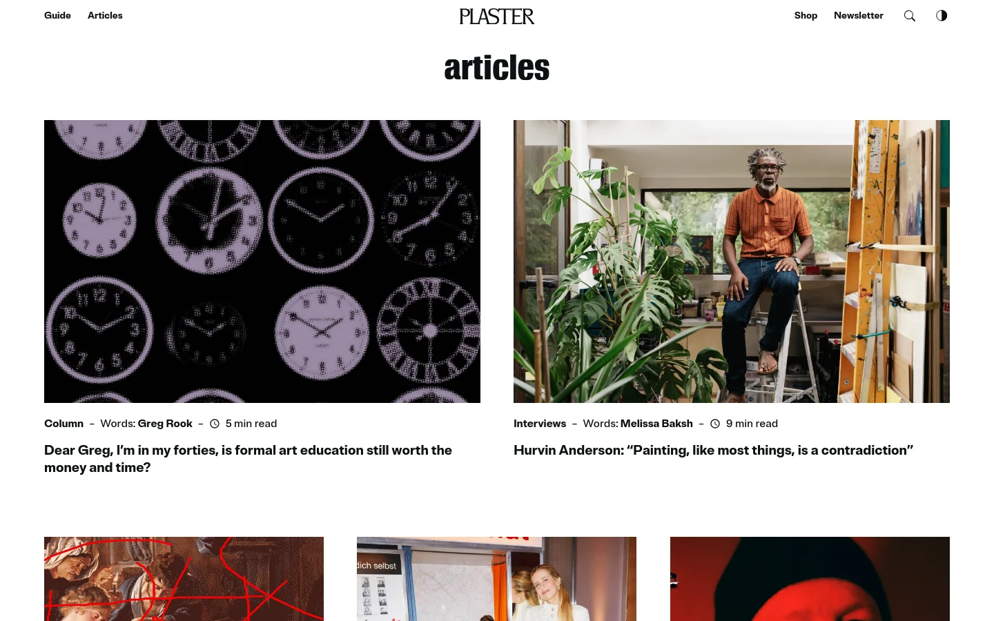 The desktop view features a minimalist white background with the bold heading 'articles' centered at the top. Below the header, a grid layout displays large rectangular article cards, including a prominent image of multiple clocks and a portrait of a man in an orange shirt. Each card includes metadata such as category, author, and reading time in a clean, sans-serif font.