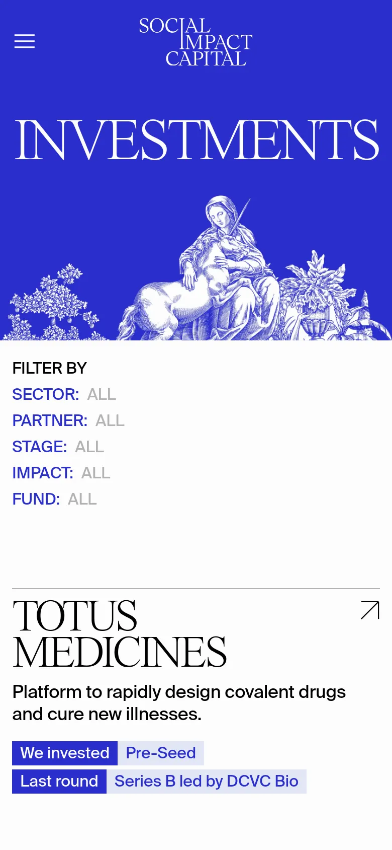 The mobile version maintains the blue hero section with the 'INVESTMENTS' title and classical illustration, but the navigation menu is collapsed into a hamburger icon. The filter options are stacked vertically in a list format rather than a horizontal bar. The investment entries are presented in a single-column layout with large headings and blue status tags below the descriptions.