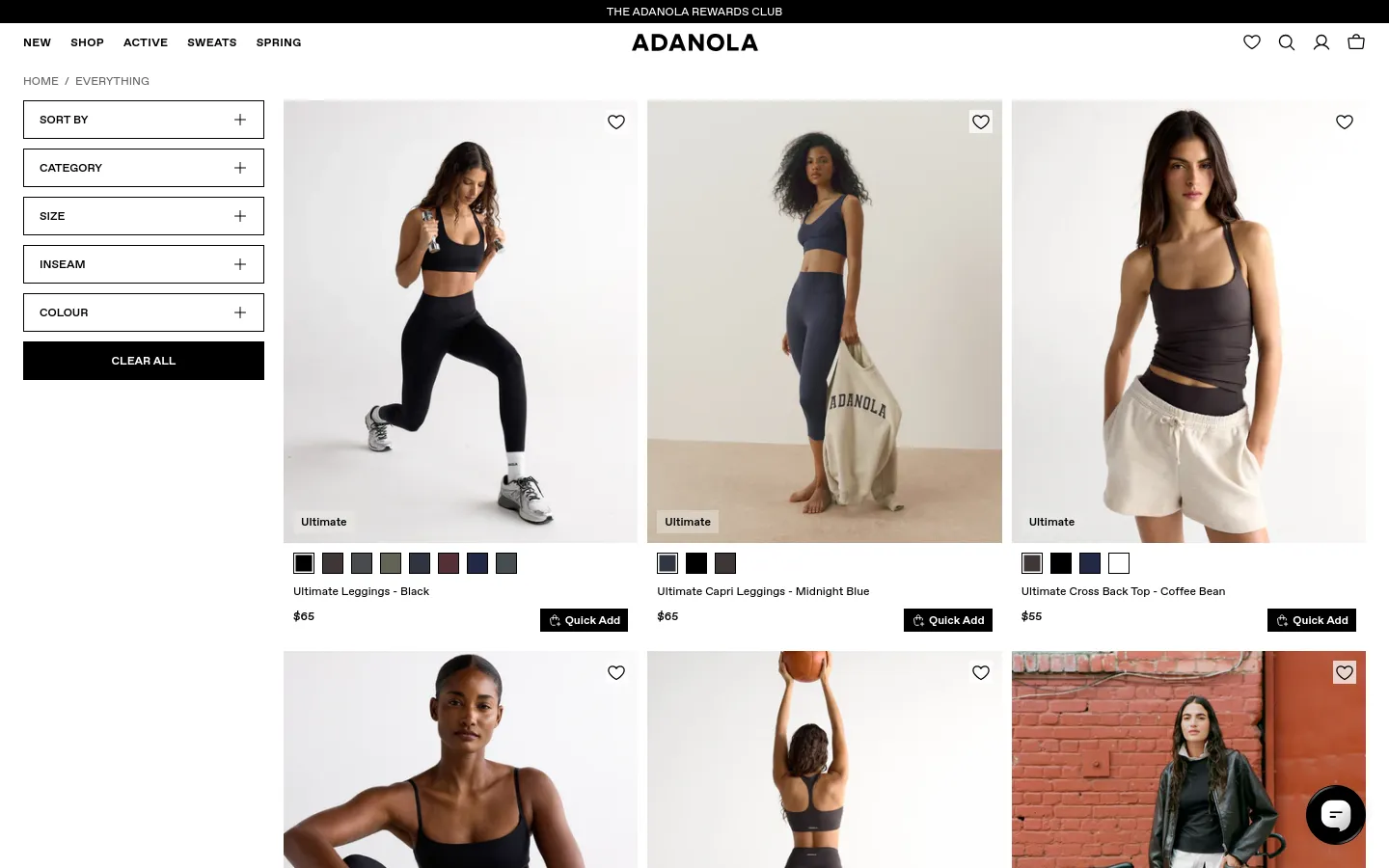 The desktop view shows a clean, minimalist e-commerce collection page for Adanola with a white background. A left-hand sidebar contains filtering options for Sort By, Category, Size, Inseam, and Colour, with a 'Clear All' button at the bottom. The main content area displays a grid of large product images featuring models in athleisure wear, including leggings, capri leggings, and tops, with product names, prices, and 'Quick Add' buttons below each item.