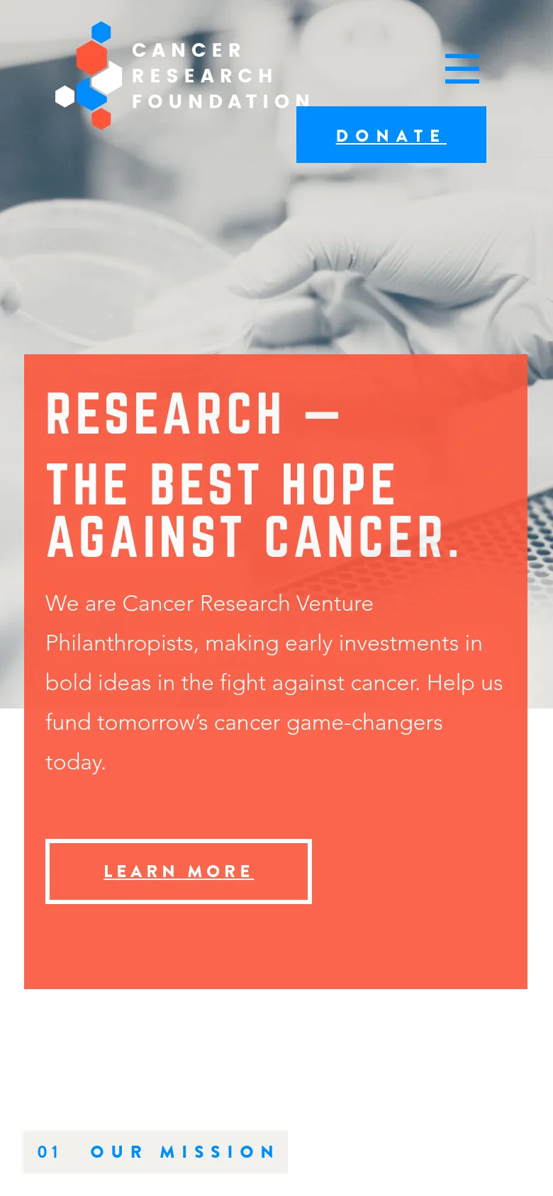 The mobile version presents a vertically stacked layout with the foundation logo and a hamburger menu icon at the top, followed by a blue 'DONATE' button. The hero section features the same grayscale lab imagery and the large orange content block with white text and a 'LEARN MORE' button, optimized for a narrower screen width.