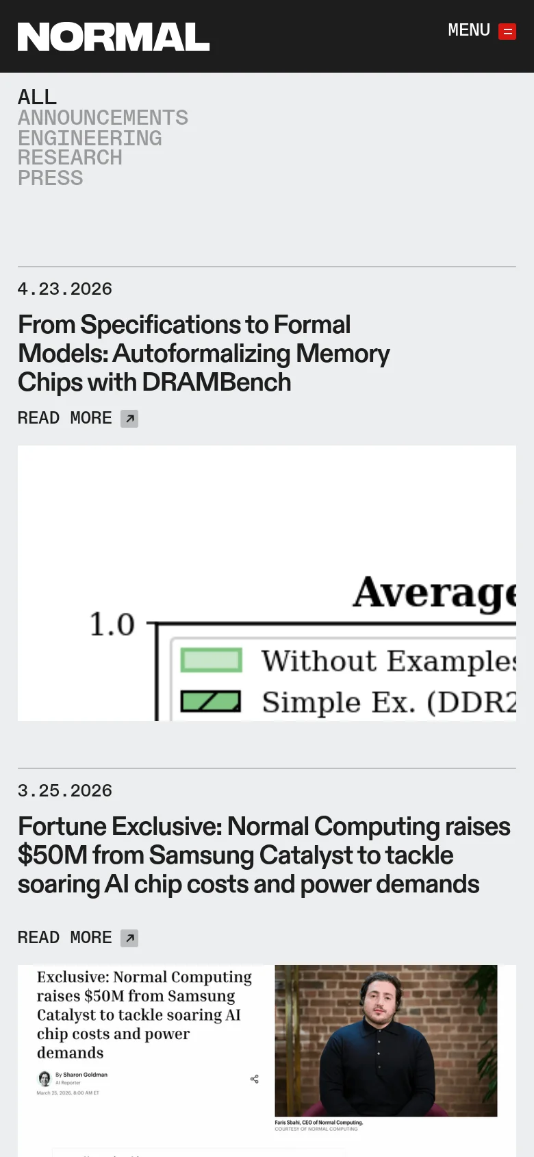The mobile version simplifies the layout into a single vertical column with a 'MENU' hamburger icon at the top right. The navigation links are hidden within the menu, and the blog posts are stacked vertically, prioritizing the text headlines and dates over the large imagery seen on desktop.