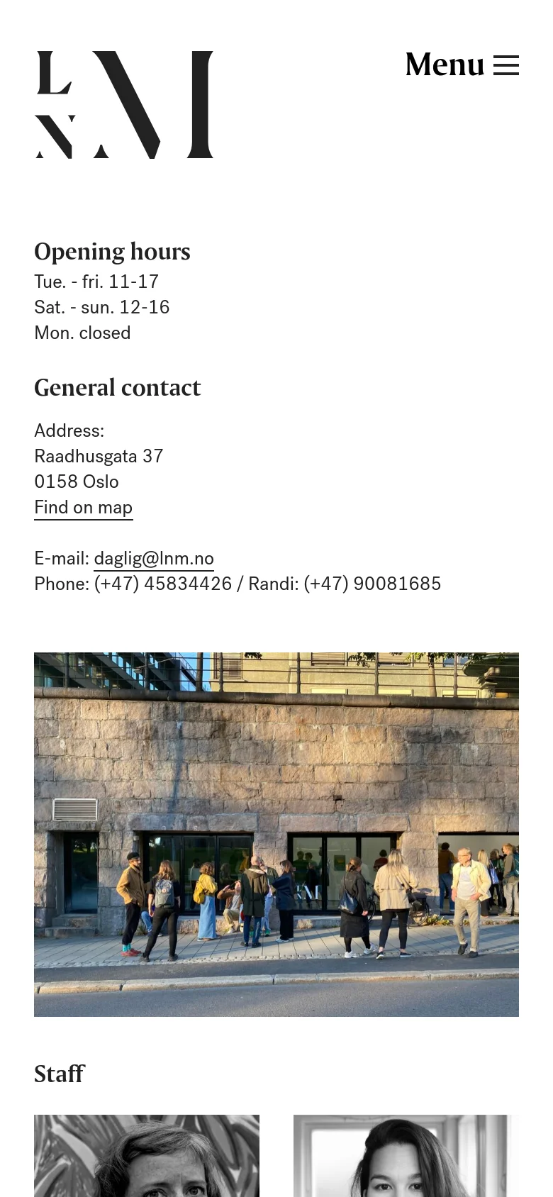 The mobile version uses a single-column layout with the LNM logo and a hamburger menu at the top. The text content, including Opening hours and General contact, is stacked vertically above a large hero image of people in front of a stone building. The layout is simplified for vertical scrolling on smaller screens.