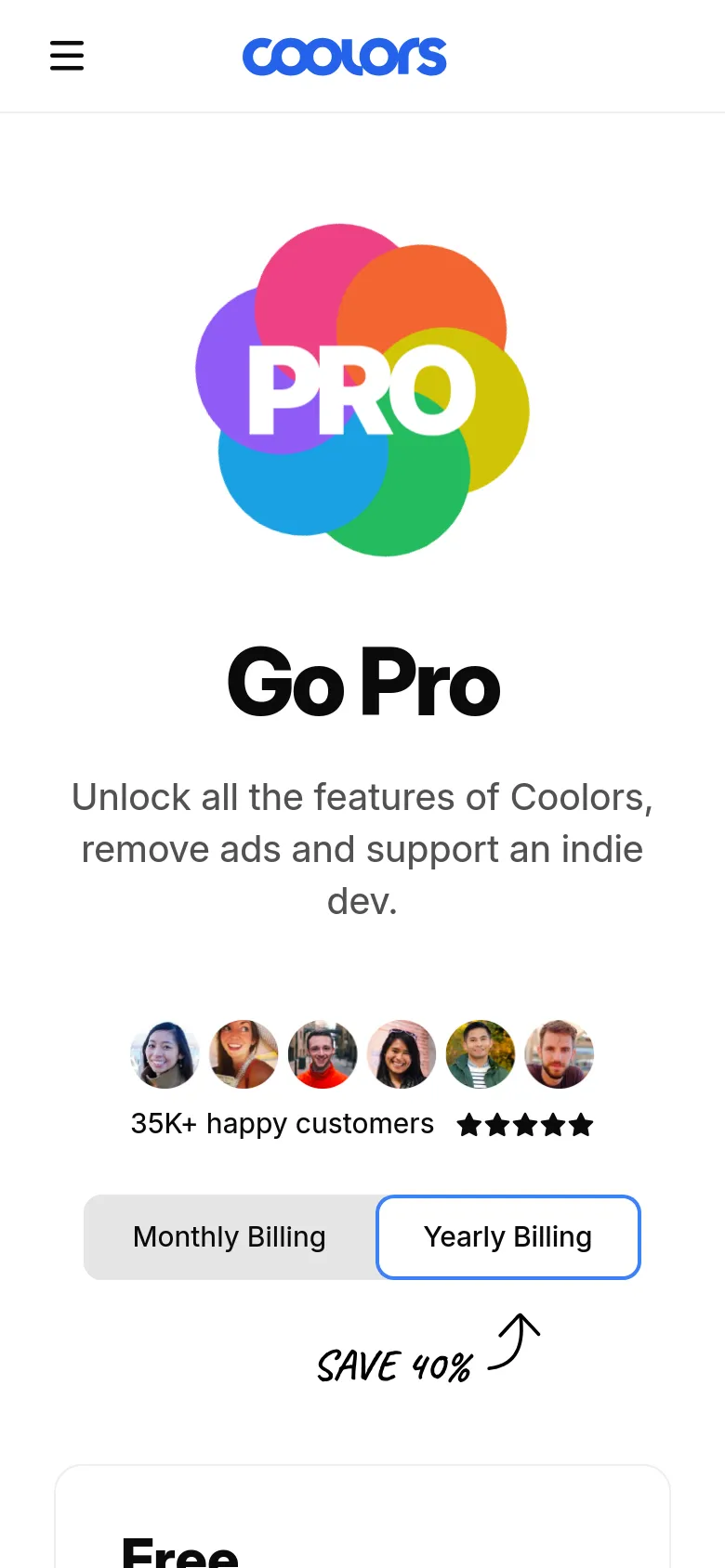 The mobile version presents a vertically stacked layout, starting with the colorful 'PRO' graphic centered above the 'Go Pro' headline. The billing toggle and 'SAVE 40%' arrow are centered below the text, followed by customer avatars and star ratings, before leading into the individual pricing cards.