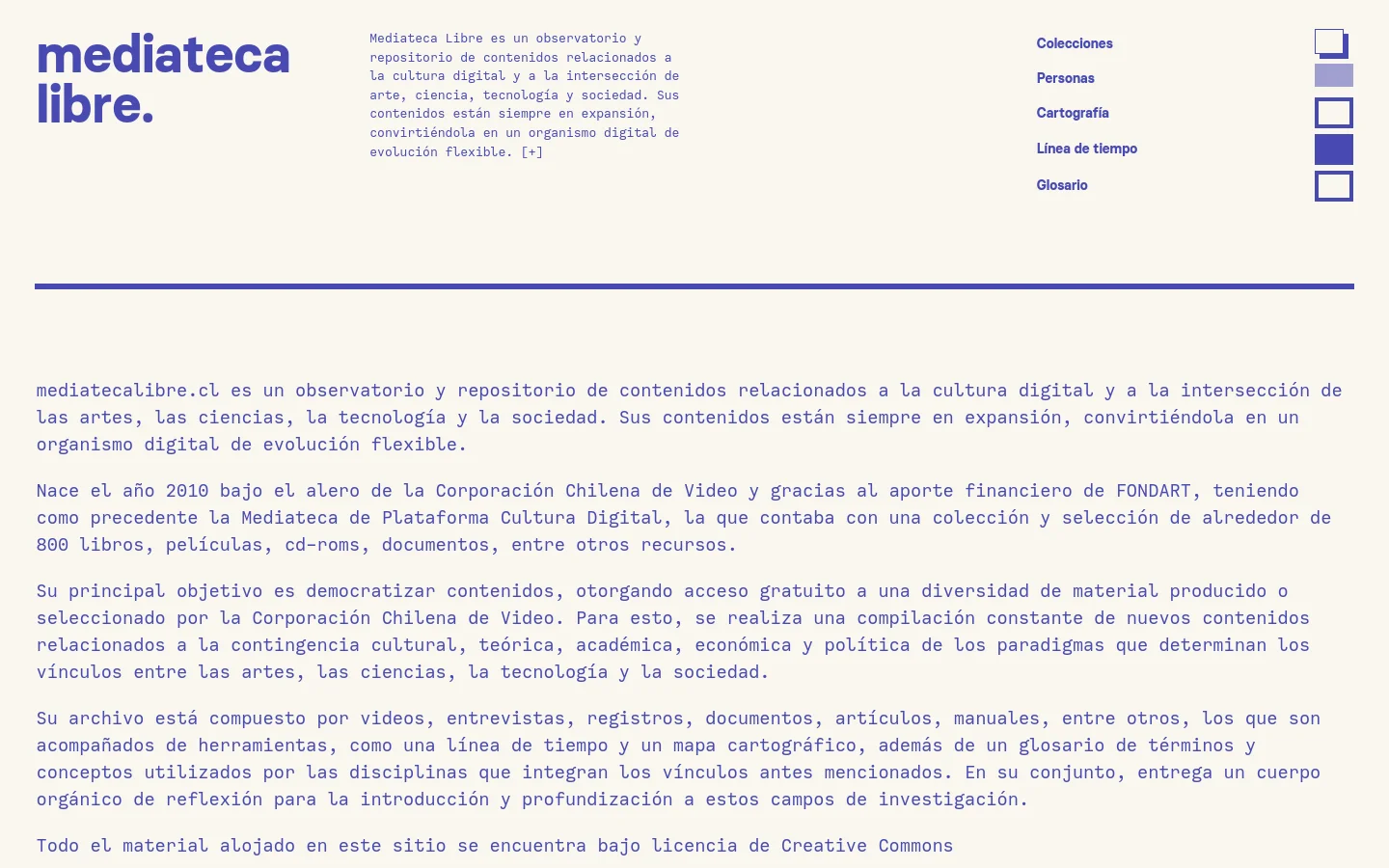 The desktop website features a minimalist design with a white background and blue accents. The top section displays the 'mediateca libre.' logo on the left, a brief introductory paragraph in the center, and a vertical navigation menu with links like 'Colecciones' and 'Personas' on the right. A long horizontal blue line separates the header from a large block of descriptive text below.