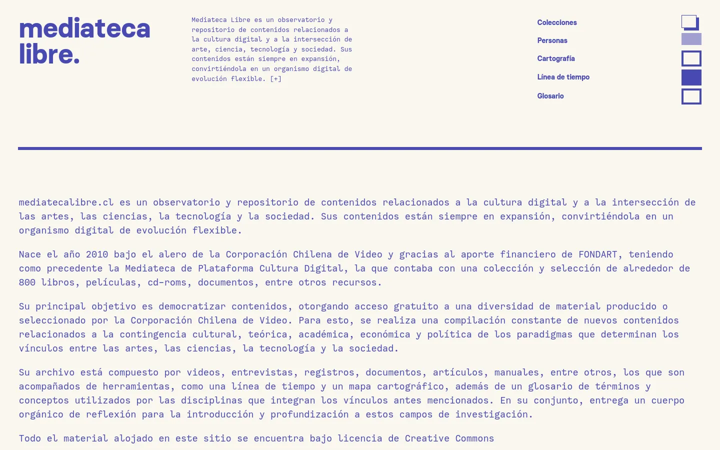 The desktop website features a minimalist design with a white background and blue accents. The top section displays the 'mediateca libre.' logo on the left, a brief introductory paragraph in the center, and a vertical navigation menu with links like 'Colecciones' and 'Personas' on the right. A long horizontal blue line separates the header from a large block of descriptive text below.