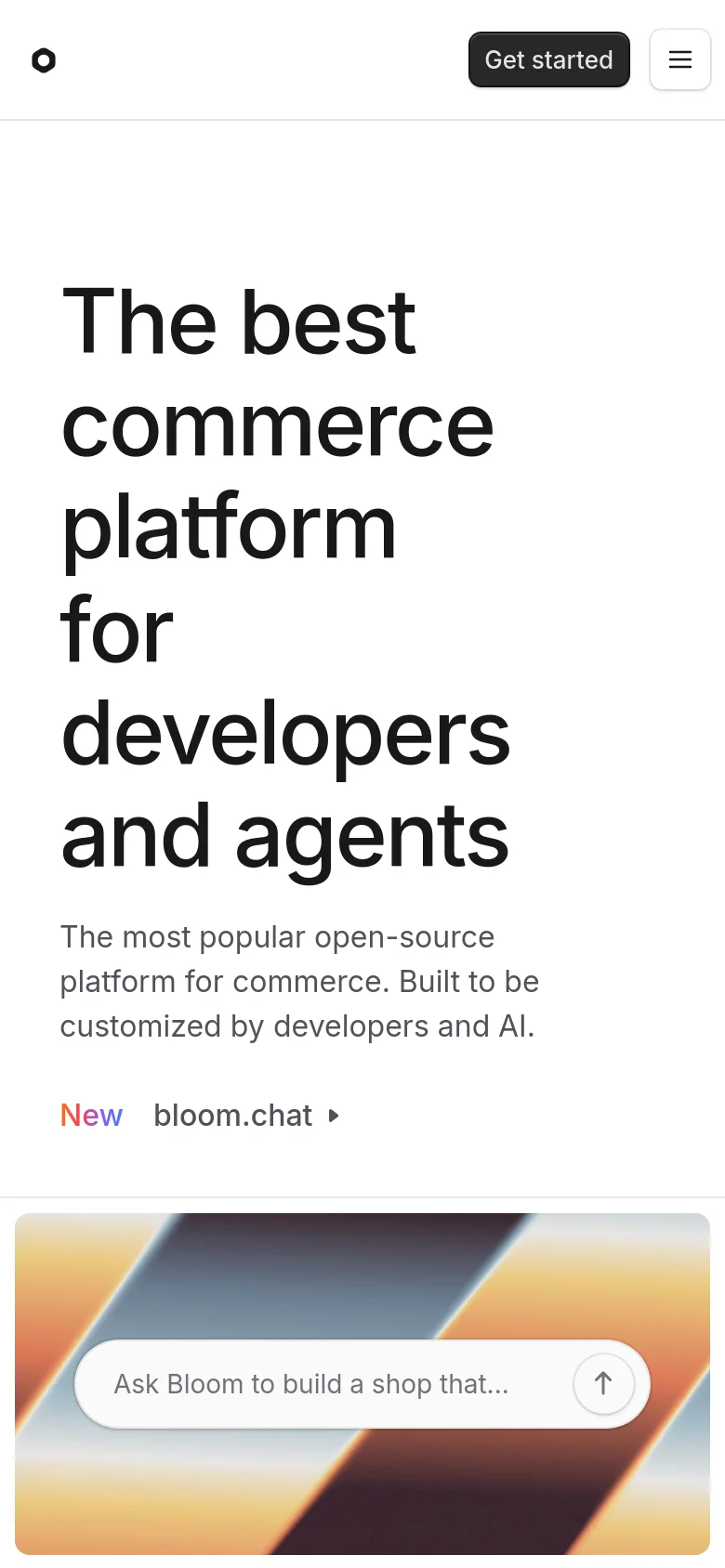 The mobile version presents a vertically stacked layout with the main headline 'The best commerce platform for developers and agents' dominating the top of the screen. The hero section features a large, colorful gradient graphic with a prominent search bar and an arrow icon. Navigation is condensed into a hamburger menu in the top right corner next to a 'Get started' button.