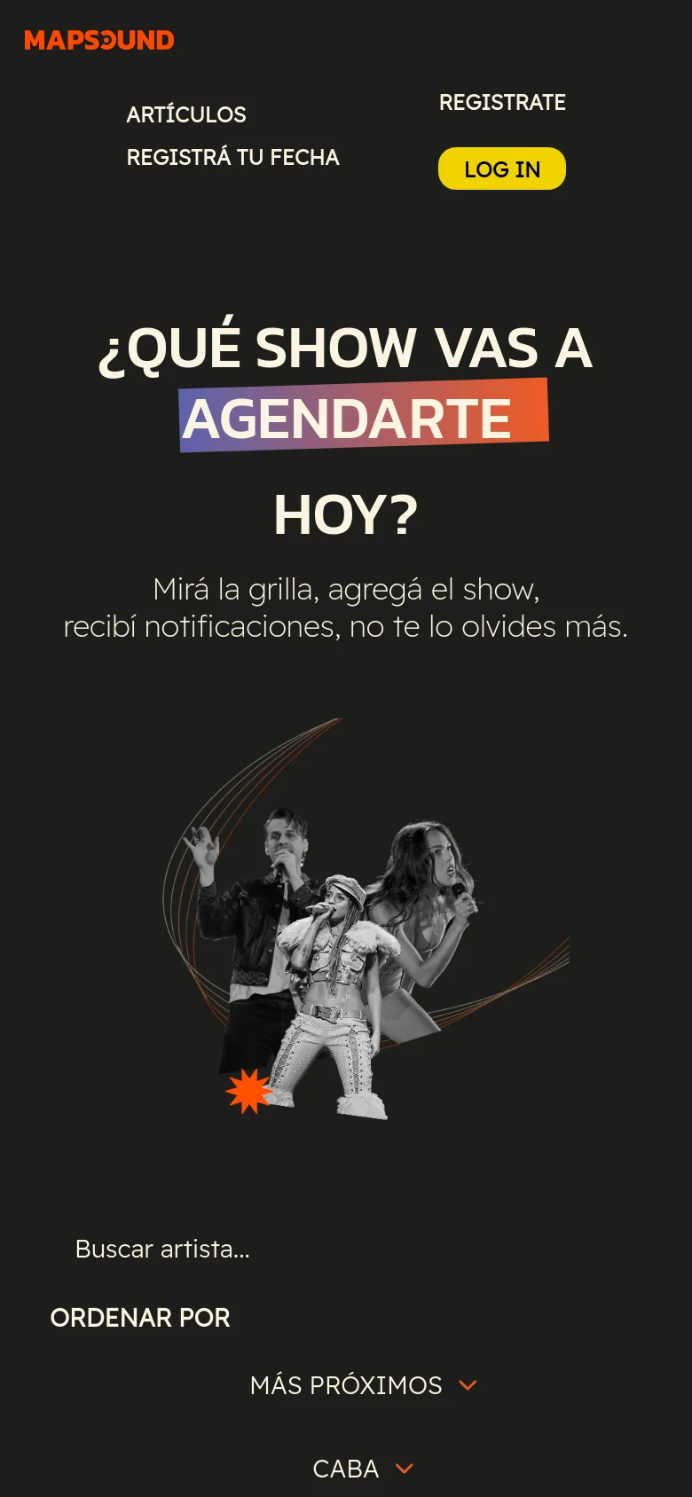 The mobile version presents a vertically stacked layout with the MapSound logo and navigation links centered at the top. The large headline and hero image of the performers are positioned in the middle of the screen, followed by the search bar and filter dropdowns below. The design maintains the dark color scheme but scales the text and elements for a narrow portrait view.