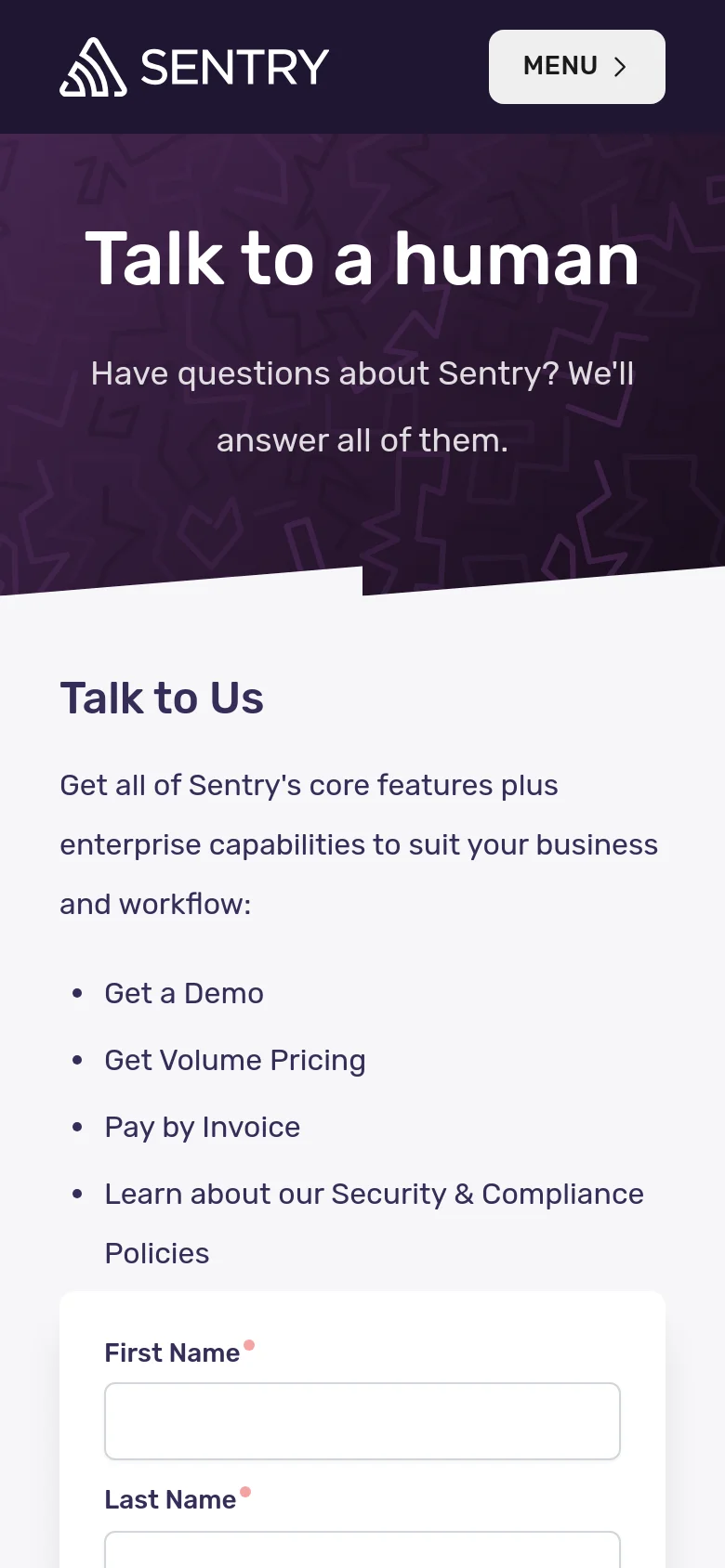 The mobile version presents a vertically stacked layout starting with a dark purple hero section containing the main headline. The enterprise benefits list follows, and the contact form is positioned at the bottom, with input fields spanning the full width of the screen.