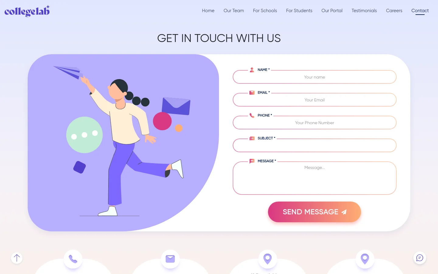 The contact page features a large heading 'GET IN TOUCH WITH US' above a two-column layout. On the left is a stylized illustration of a person running with a paper plane against a lavender background, while the right side contains a contact form with fields for Name, Email, Phone, Subject, and Message, ending with a pink 'SEND MESSAGE' button. A navigation bar is at the top and contact icons are at the bottom.