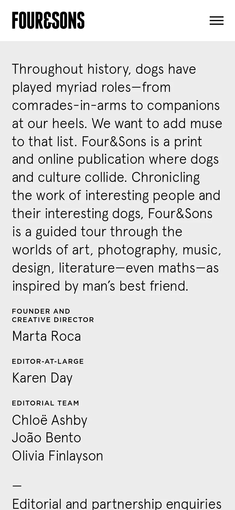 The mobile version simplifies the layout into a single vertical column, stacking the mission statement, founder information, and editorial team list. The multi-column desktop layout is replaced by a continuous scroll, and the top navigation is condensed into a hamburger menu icon next to the Four&Sons logo.
