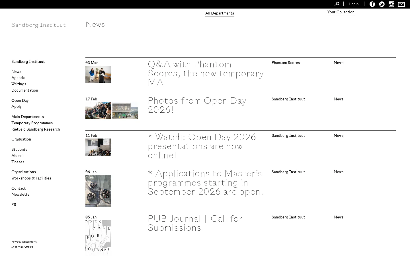 The desktop News page for Sandberg Instituut features a minimalist white layout with a left-hand sidebar containing navigation links. The main content area displays a chronological list of news entries, each consisting of a date, a small thumbnail image, a large serif headline, and category tags like 'News' or 'Sandberg Instituut'.