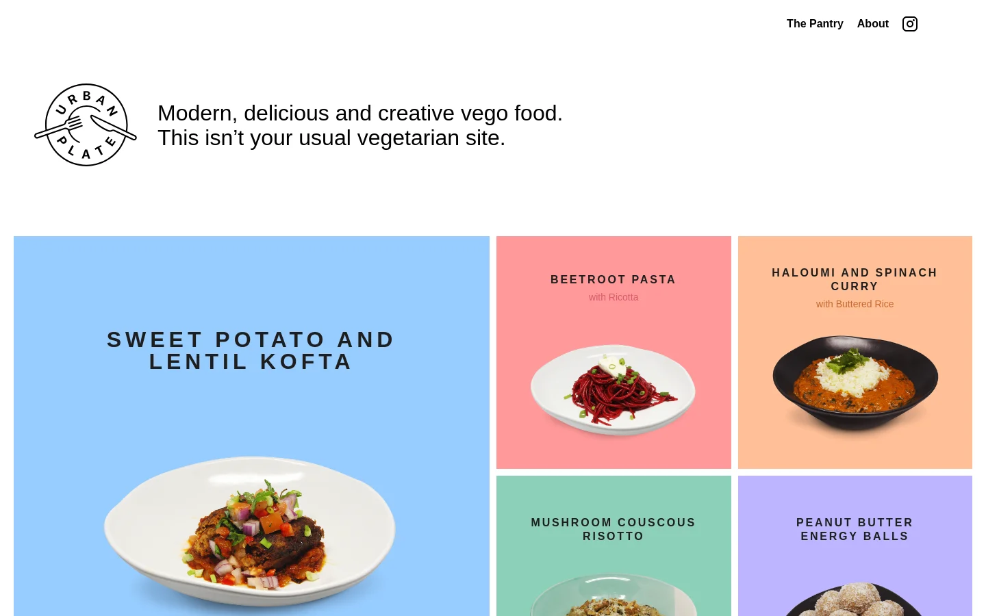 The Urban Plate homepage features a minimalist white background with a circular logo containing a fork and knife. A large headline reads, 'Modern, delicious and creative vego food,' followed by a colorful grid of recipe cards including Sweet Potato and Lentil Kofta, Beetroot Pasta, and Haloumi Curry. Each card uses a vibrant pastel background color and features a high-quality food photograph.