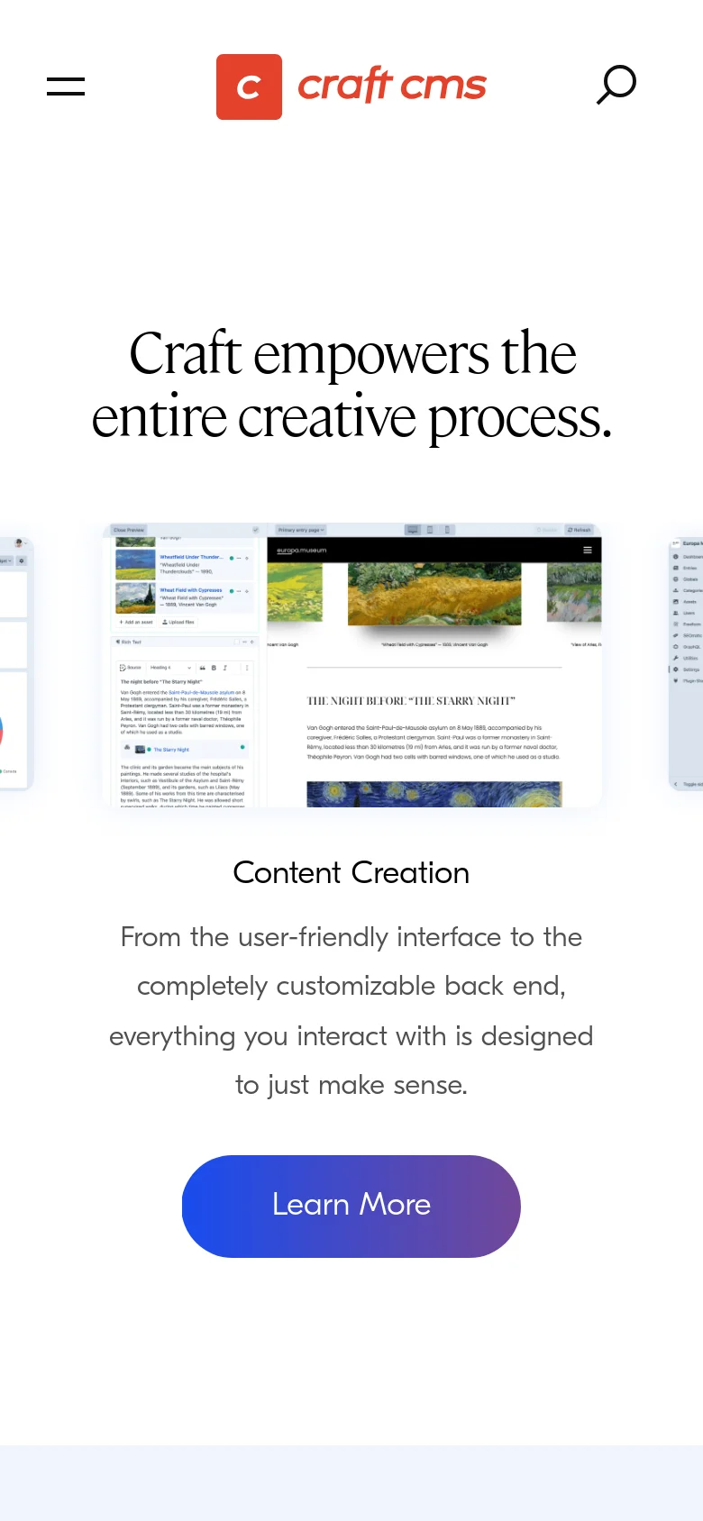 The mobile version uses a vertical layout with a hamburger menu and the Craft CMS logo at the top. The main headline is centered, followed by a large software interface screenshot, and the feature description and 'Learn More' button are stacked vertically for easier scrolling on a small screen.