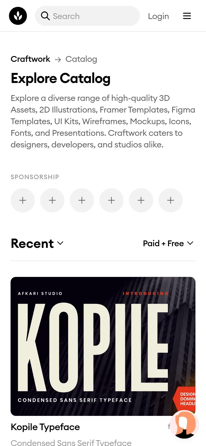The mobile version features a simplified layout with the 'Explore Catalog' headline and description at the top, followed by a horizontal row of sponsorship icons. The sidebar is hidden, and the product grid transitions to a single-column vertical stack, showing large preview images for each design asset.