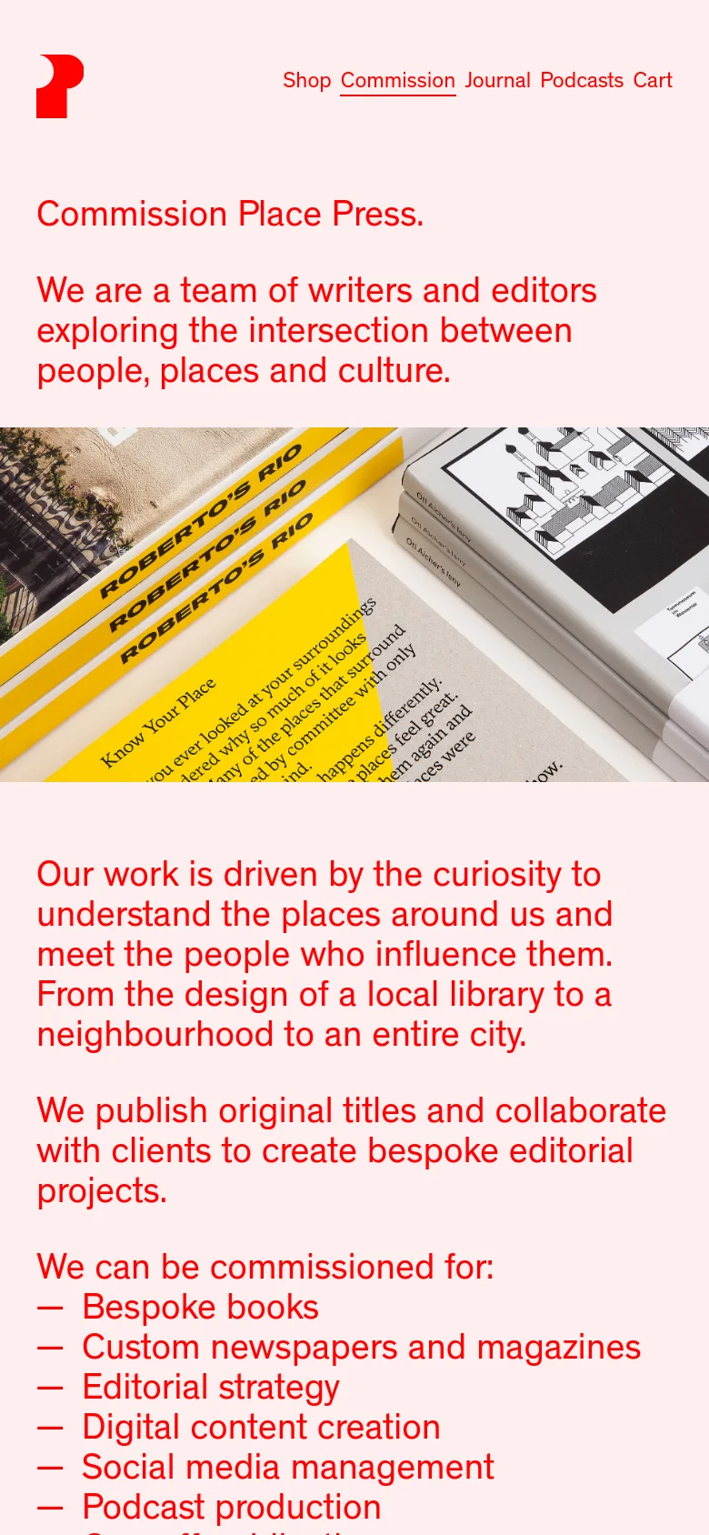 The mobile version maintains the light pink background and red text but uses a stacked vertical layout. The hero image of books is positioned below the introductory text, and the navigation menu is condensed to fit the narrower screen width, focusing on readability of the service list.