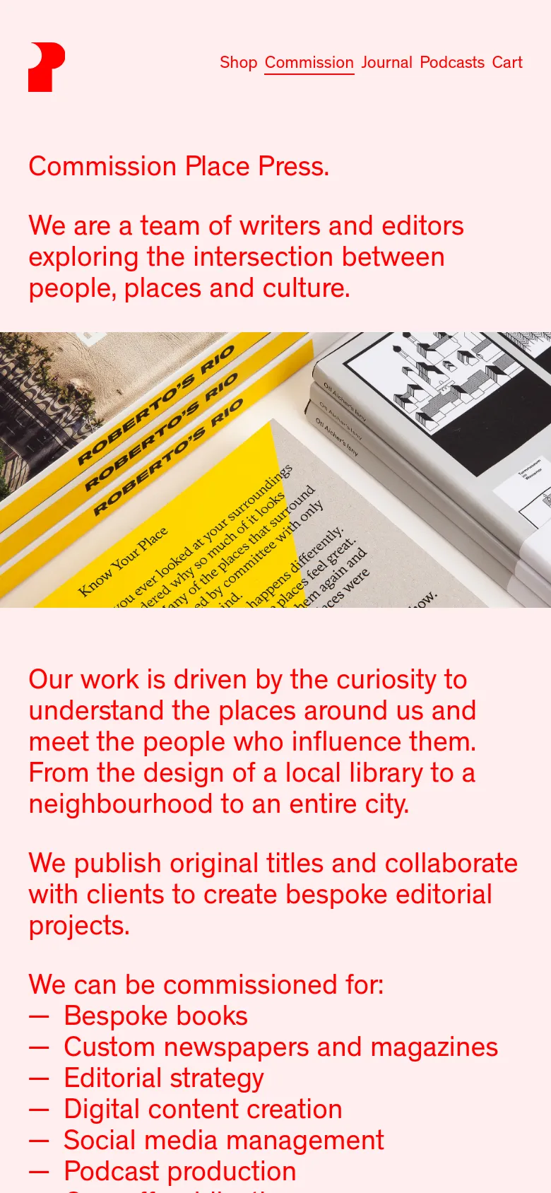 The mobile version maintains the light pink background and red text but uses a stacked vertical layout. The hero image of books is positioned below the introductory text, and the navigation menu is condensed to fit the narrower screen width, focusing on readability of the service list.