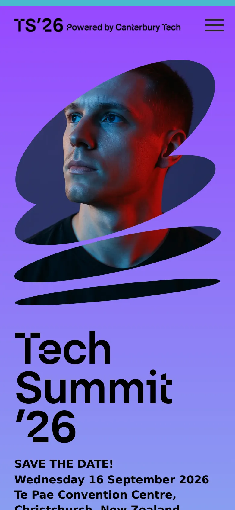 The mobile version uses a vertical layout with the large 'Tech Summit '26' headline and event details positioned below a large, central portrait of a man. The top navigation is condensed into a hamburger menu icon, and the overall purple color scheme remains consistent with the desktop version.