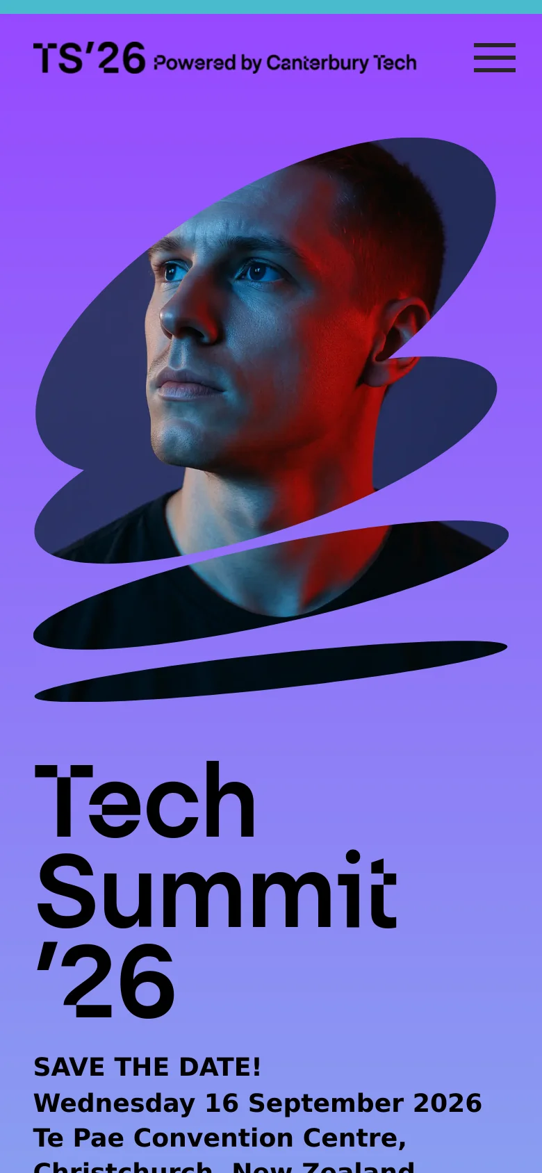 The mobile version uses a vertical layout with the large 'Tech Summit '26' headline and event details positioned below a large, central portrait of a man. The top navigation is condensed into a hamburger menu icon, and the overall purple color scheme remains consistent with the desktop version.