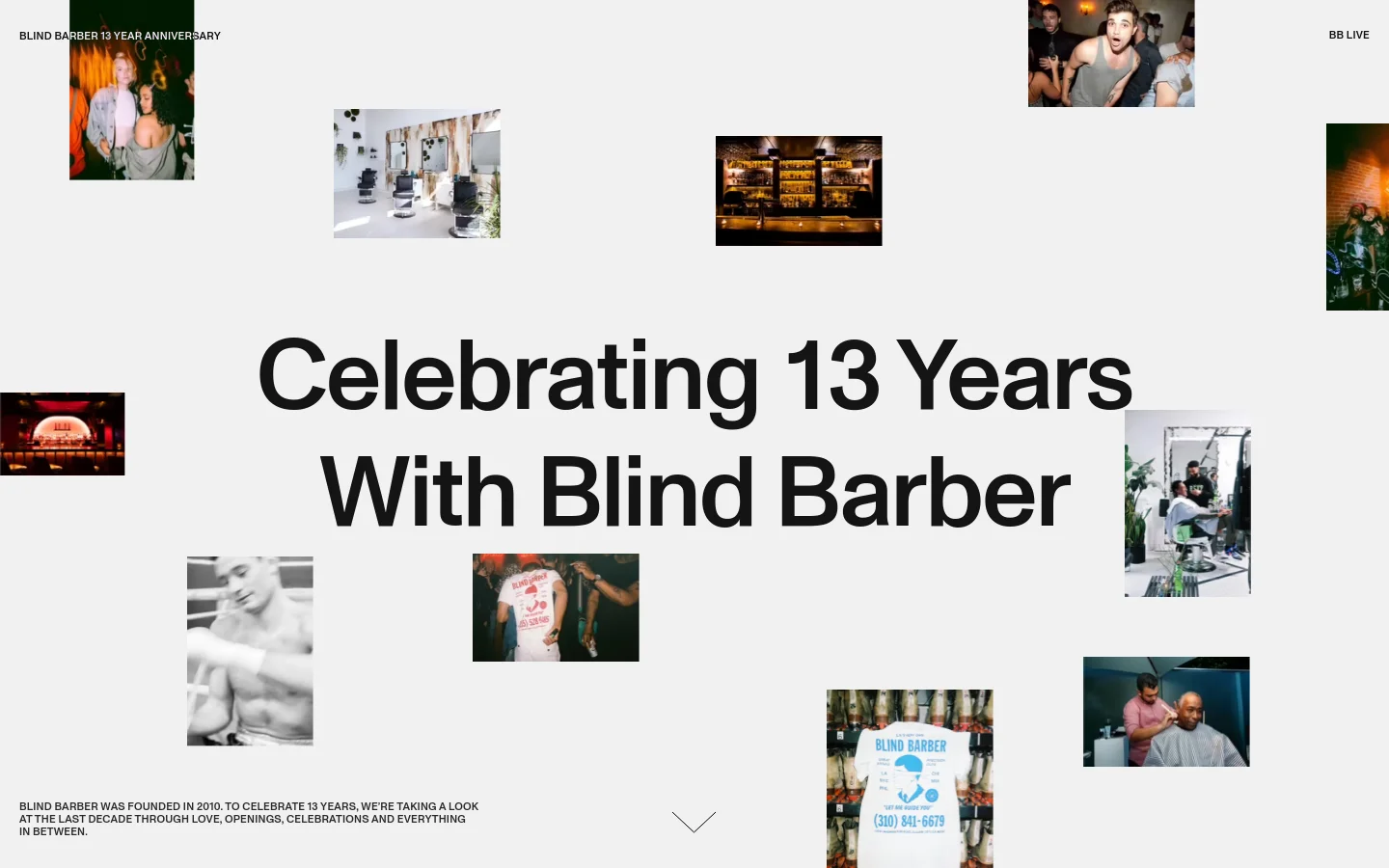 Blind Barber anniversary homepage featuring a collage-style layout with scattered lifestyle photography. The hero headline reads Celebrating 13 Years With Blind Barber against a light grey background, accented by images of barbershops and celebrations in a casual, editorial style.
