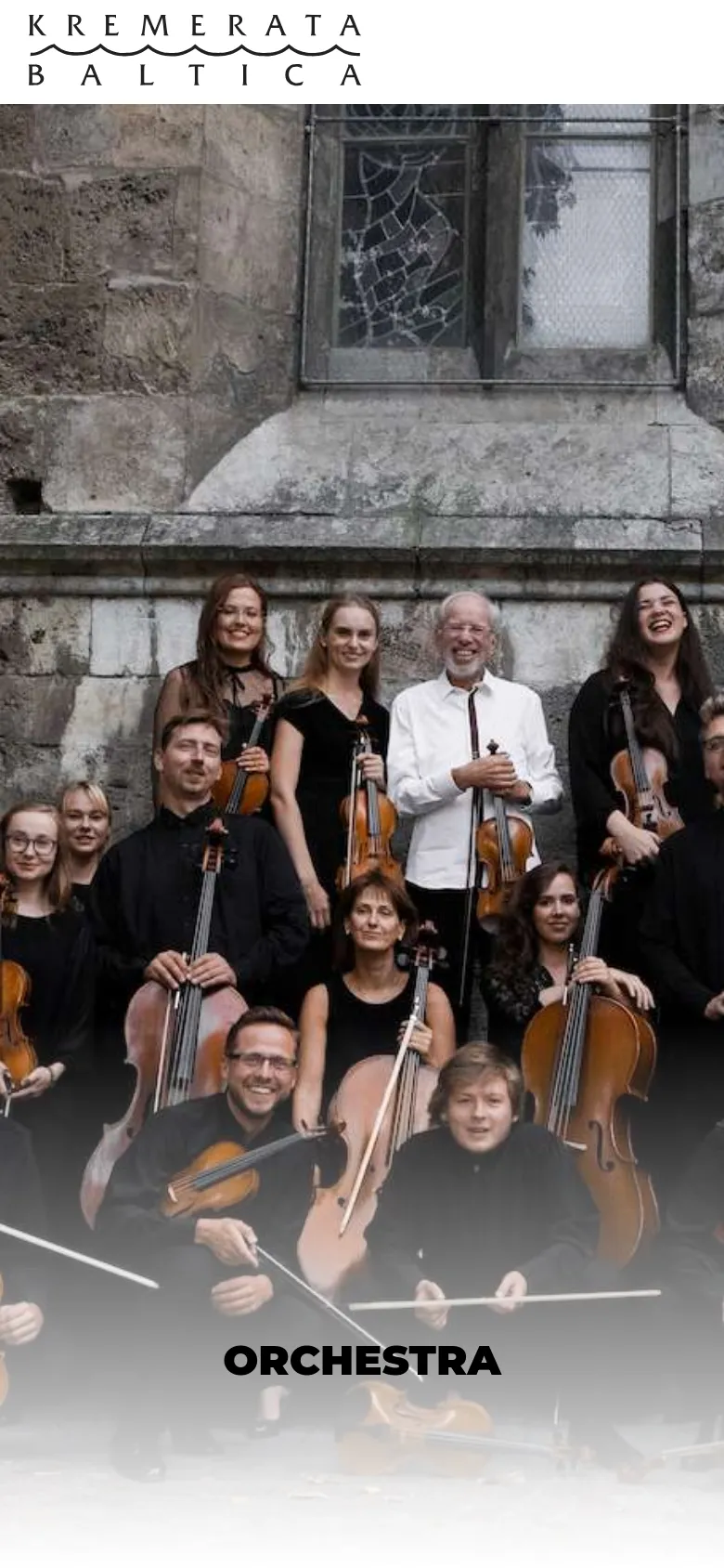 Mobile view of the 'Orchestra' page showing a vertically cropped version of the orchestra group photo against a stone wall. The layout is simplified, focusing on the musicians and the large 'ORCHESTRA' headline, with the logo positioned at the top.