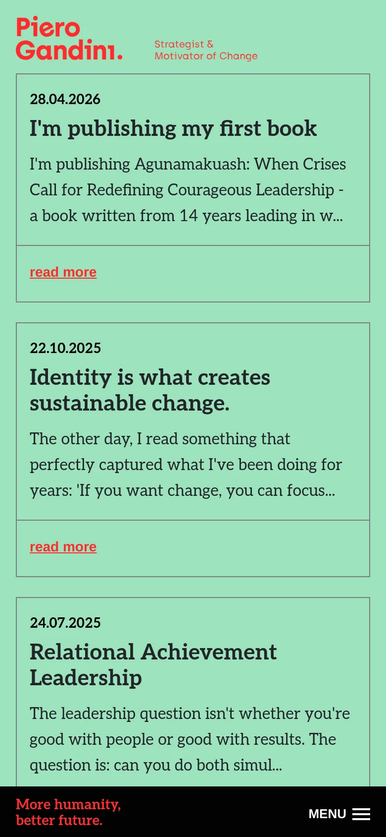 The mobile version uses the same mint green color scheme but adopts a single-column layout optimized for vertical scrolling. The header and navigation are condensed, and the blog post previews appear as large, full-width stacked cards. A black bottom navigation bar with the text 'More humanity, better future' and a 'MENU' icon is visible at the base of the screen.