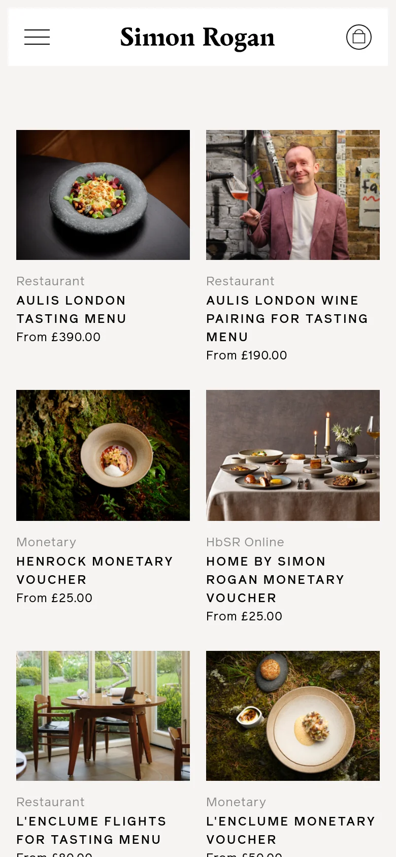 The mobile version simplifies the layout into a single-column vertical scroll of large product images and text. The top navigation is condensed into a hamburger menu on the left and a shopping bag icon on the right, while the sidebar navigation from the desktop version is removed to prioritize the visual product grid.