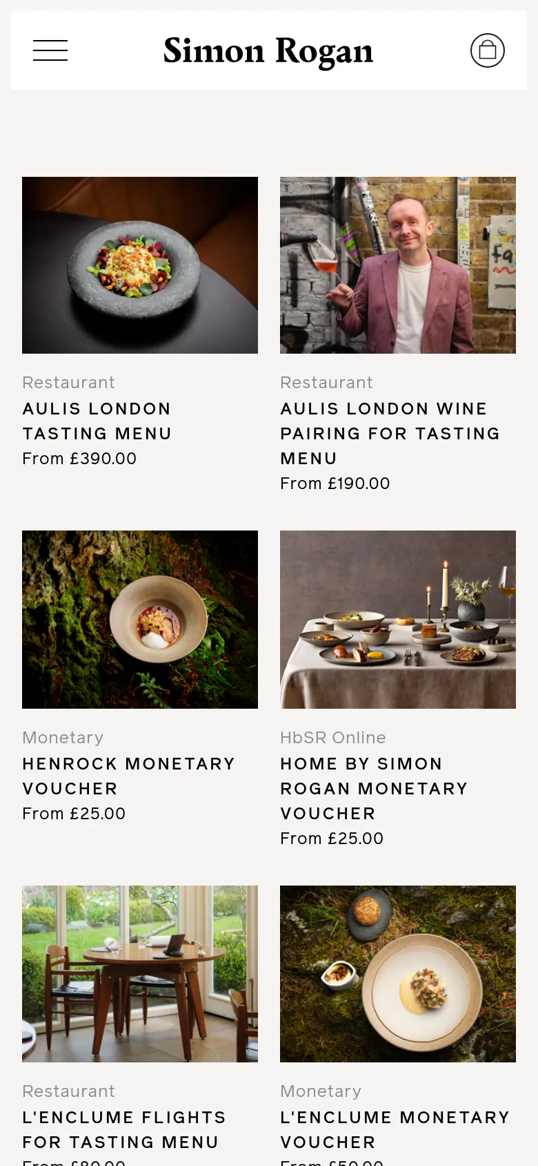 The mobile version simplifies the layout into a single-column vertical scroll of large product images and text. The top navigation is condensed into a hamburger menu on the left and a shopping bag icon on the right, while the sidebar navigation from the desktop version is removed to prioritize the visual product grid.