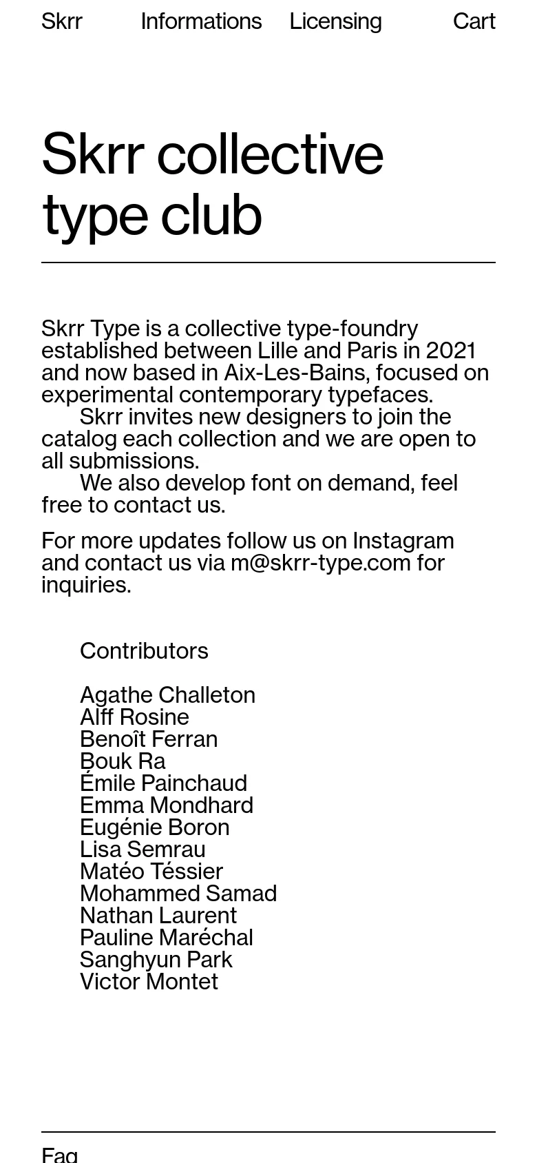 The mobile version maintains the minimalist black-on-white aesthetic but uses a single-column layout for easier scrolling. The navigation links are stacked or simplified at the top, and the text content, including the large 'Skrr collective type club' header and the contributor list, is reflowed to fit the narrower screen width.