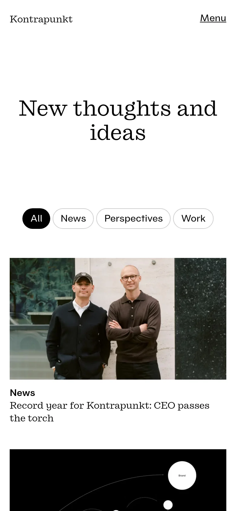 The mobile version maintains the white background and large serif headline but uses a stacked layout. The filter menu is centered and scrollable, and the article cards are arranged vertically, showing large images followed by the category and headline.