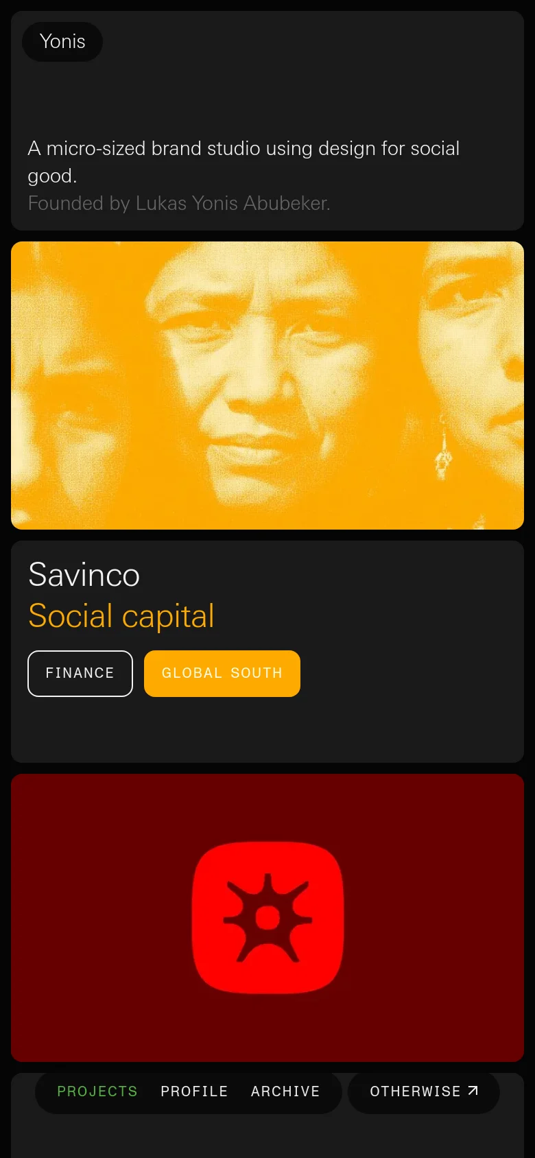 The mobile version uses a single-column vertical layout, stacking the hero text and large project imagery to fit narrow screens. The split-screen hero visual from desktop is replaced by a single large image, and the project cards are scaled to span the width of the device. Navigation is condensed into a bottom bar with text links.