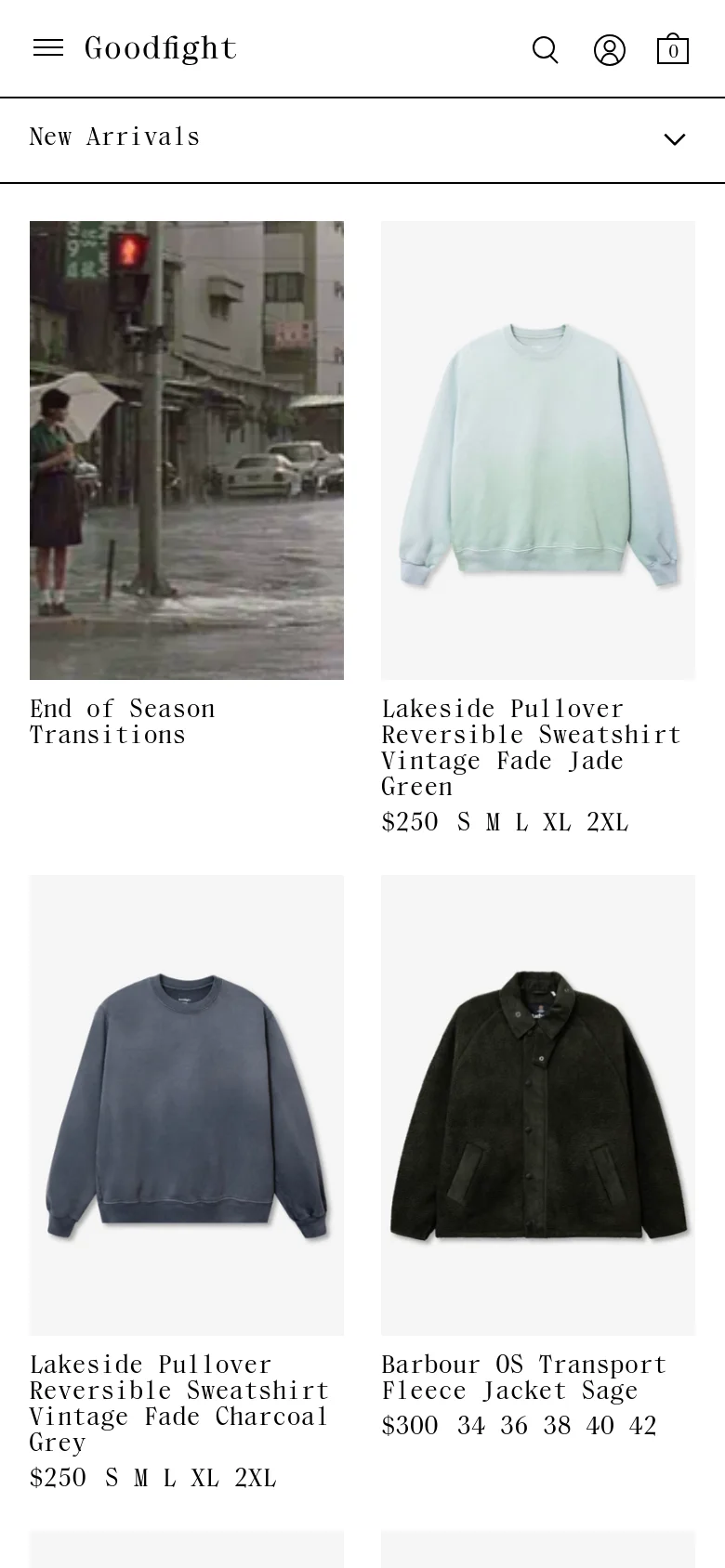 The mobile version features a simplified layout with a condensed header containing a search icon, user profile, and shopping bag. The product grid shifts to a single or double column format, and the 'New Arrivals' category is presented within a prominent dropdown menu to save vertical space.