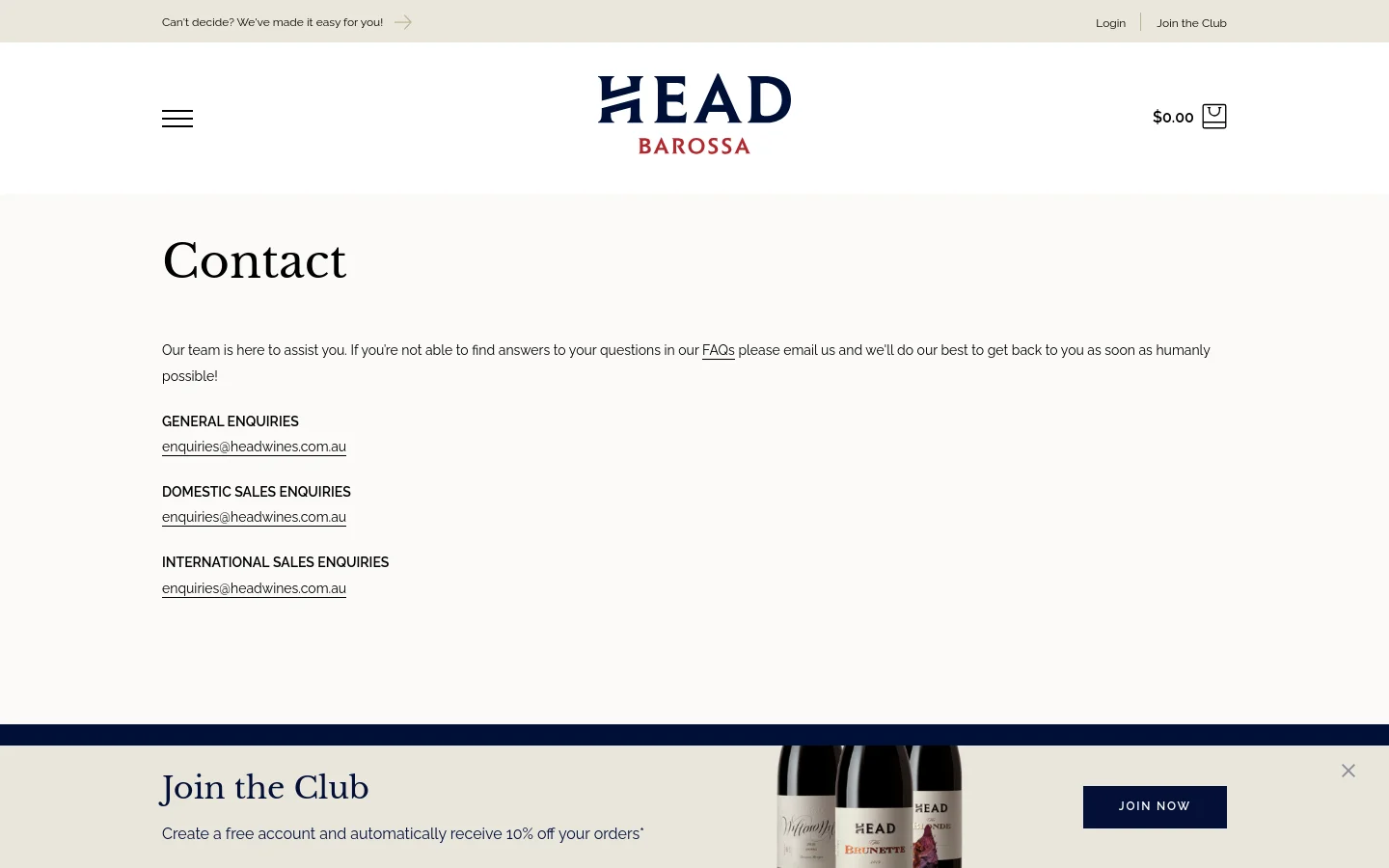 The desktop Contact page features a clean, minimalist layout with a white background and dark navy text. The 'Contact' headline is prominent, followed by text directing users to FAQs and three categorized email addresses for general, domestic, and international enquiries. A dark navy promotional banner at the bottom invites users to 'Join the Club' with a 'JOIN NOW' button.