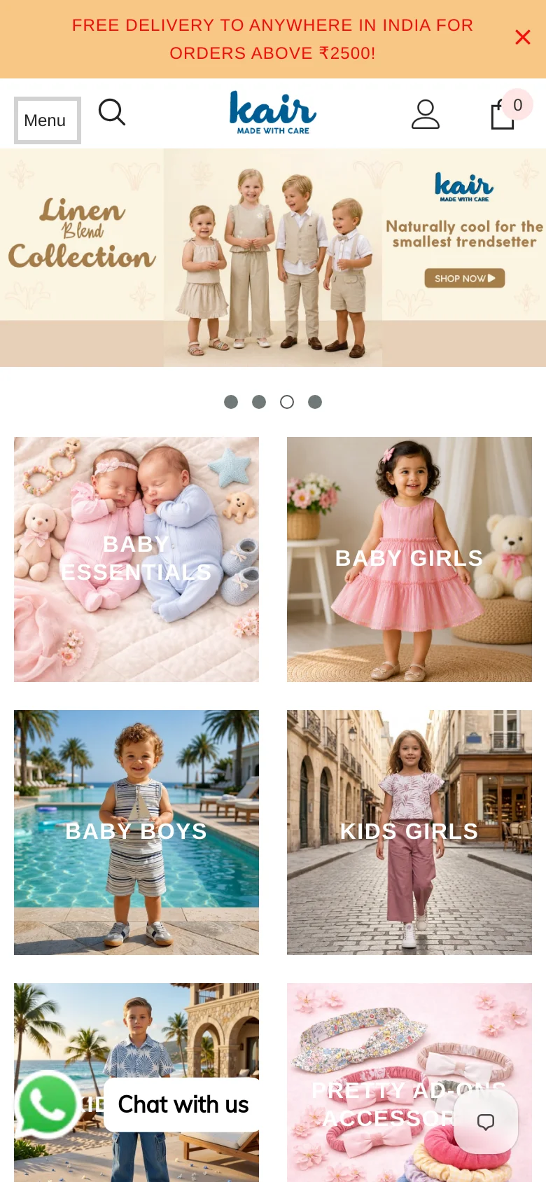 The mobile version presents a condensed view with a hamburger menu and search icon at the top. The hero banner is scaled down, followed by a grid of large, square image tiles for categories like Baby Essentials, Baby Girls, Baby Boys, and Kids Girls. A floating WhatsApp chat button is visible in the bottom left corner.