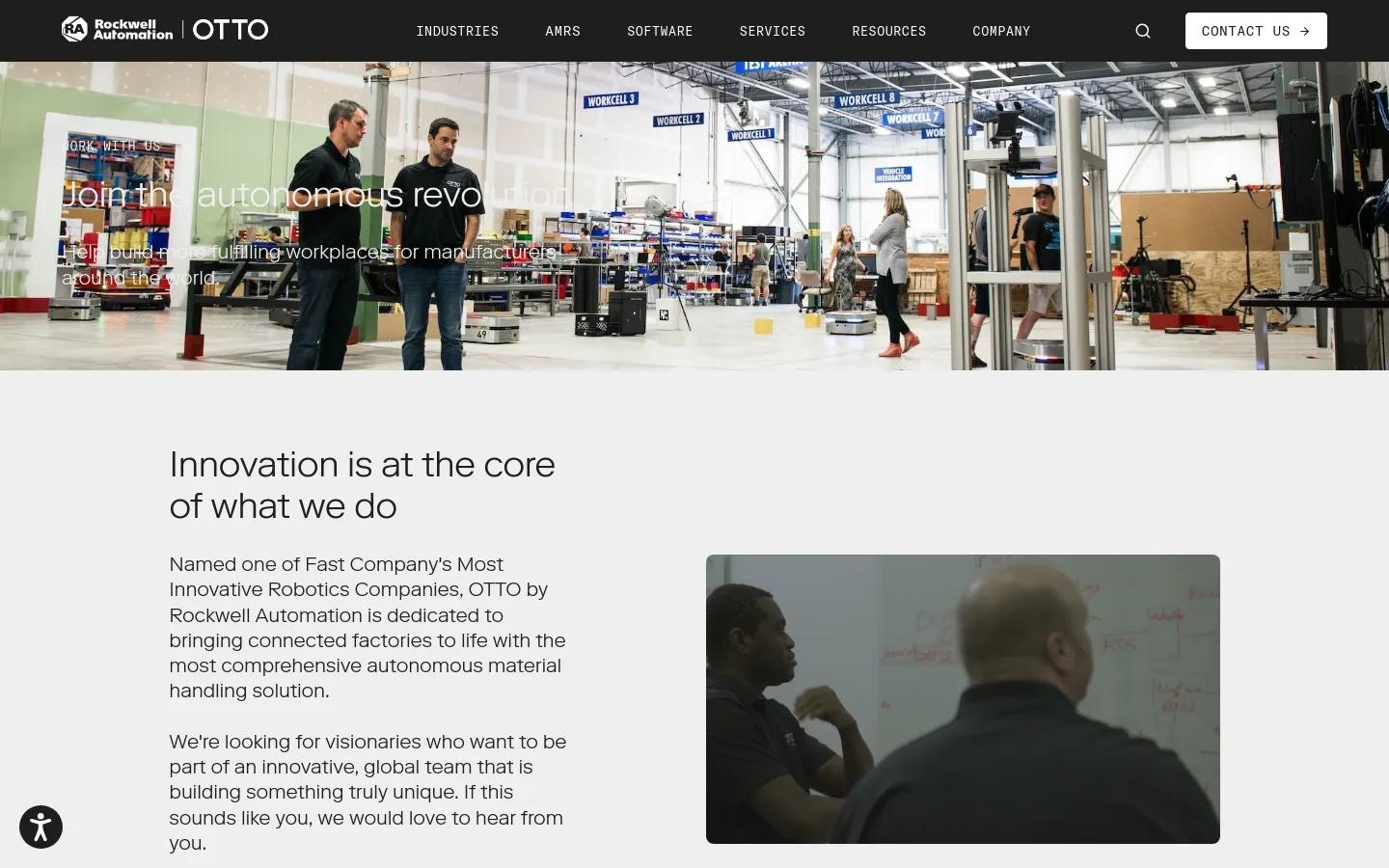 The desktop page features a white navigation bar with the OTTO logo and links, followed by a large hero image of a warehouse setting with the headline 'Join the autonomous revolution.' Below, a section titled 'Innovation is at the core of what we do' contains text alongside a large photo of two employees collaborating. The layout uses a clean, spacious design with dark text on a white background.