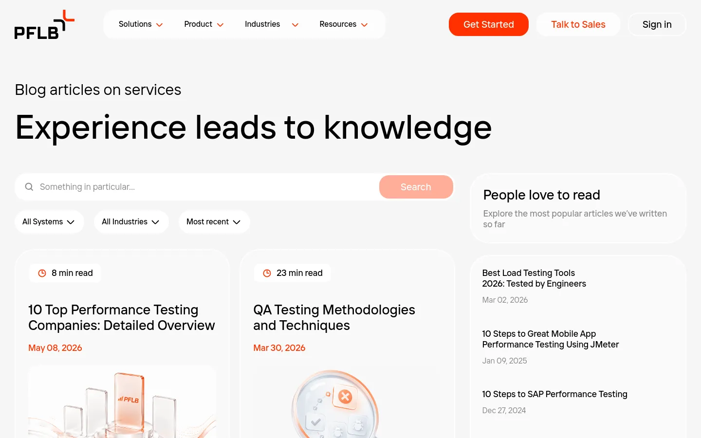 The PFLB blog page features a clean white layout with a large headline reading 'Experience leads to knowledge.' A search bar with filter dropdowns for 'All Systems,' 'All Industries,' and 'Most recent' sits above a grid of blog post cards, each containing a title, date, reading time, and preview image. A sidebar on the right titled 'People love to read' lists popular articles.