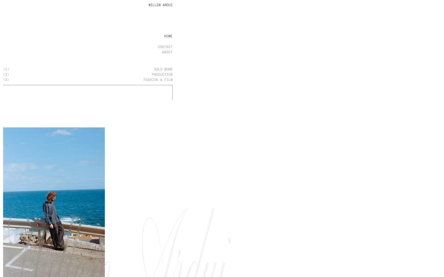 The desktop homepage features a minimalist white layout with the name WILLEM ARDUI at the top and a navigation menu on the right including Contact, About, Solo Work, Production, and Fashion & Film. A large, high-contrast black and white photograph of a person holding a guitar is positioned at the bottom. The design uses clean typography and significant white space.
