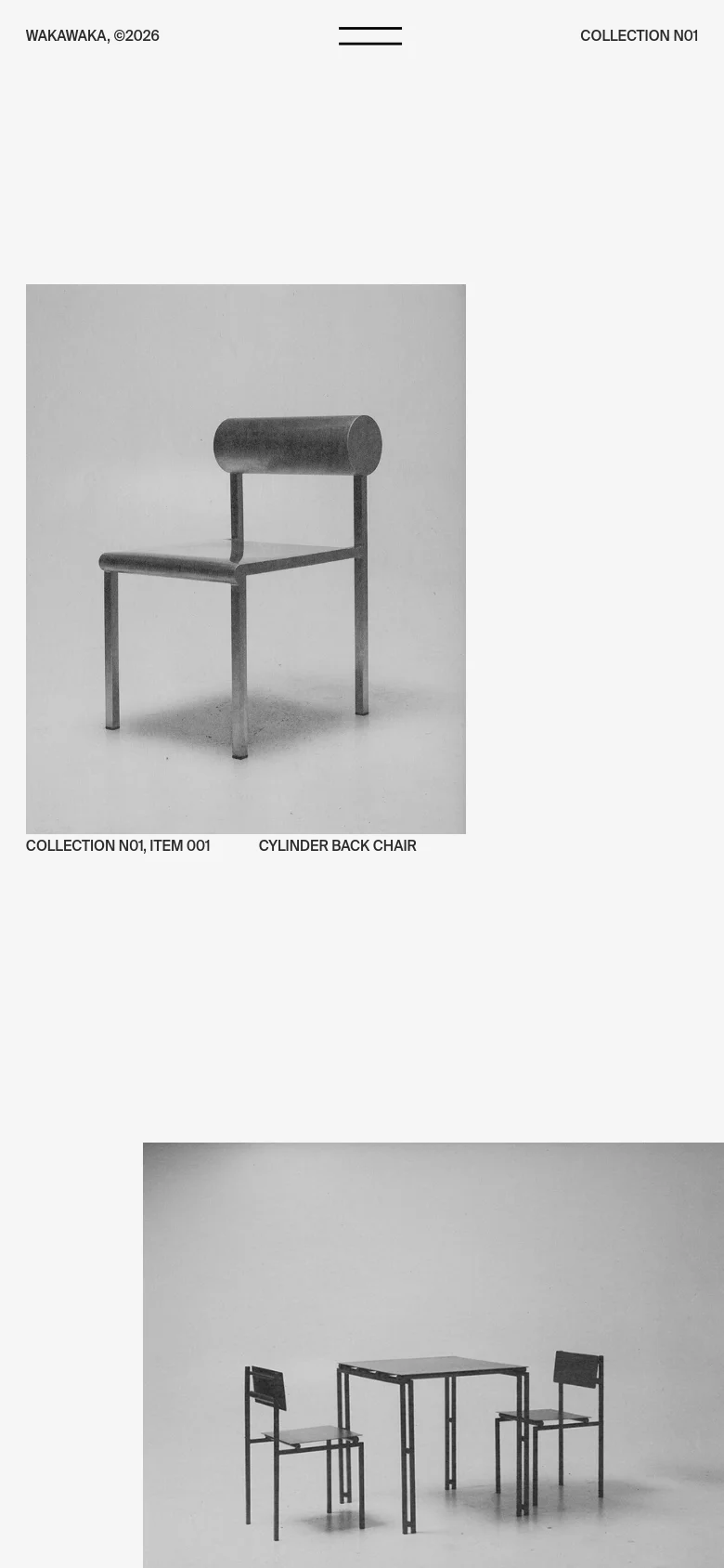 Waka Waka objects catalogue page with a vertically stacked mobile layout. Product images for Collection N01 are displayed in a single column with large typography, featuring a simplified navigation menu at the top.