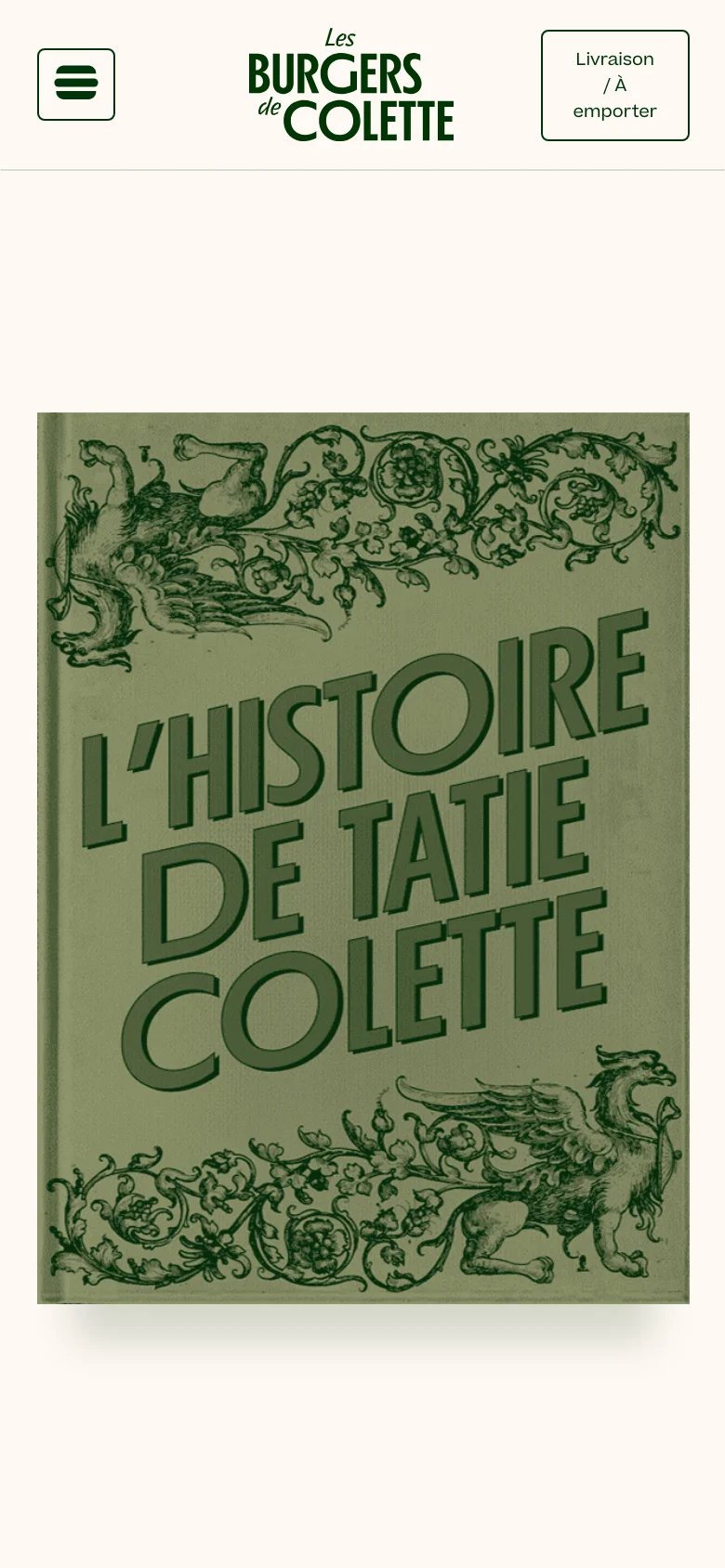 The mobile version maintains the white background and centered logo but rearranges the header elements. The hamburger menu is positioned on the top left, while the 'Livraison / À emporter' button is placed on the top right, creating a more compact layout. Below the header, the large green illustrated book cover dominates the screen view.