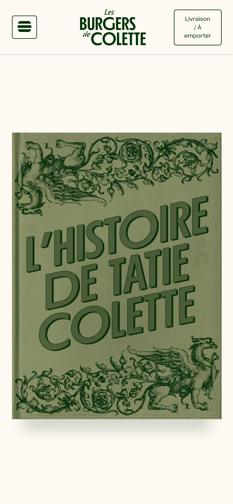 The mobile version maintains the white background and centered logo but rearranges the header elements. The hamburger menu is positioned on the top left, while the 'Livraison / À emporter' button is placed on the top right, creating a more compact layout. Below the header, the large green illustrated book cover dominates the screen view.