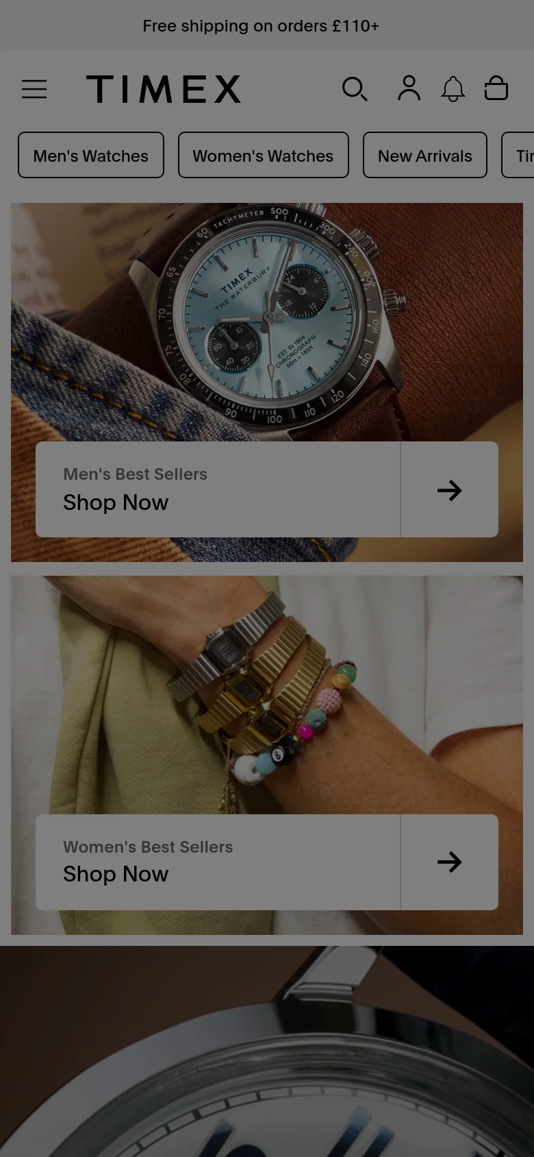 The mobile version features a condensed header with a hamburger menu, the Timex logo, and icons for search, profile, notifications, and shopping bag. The hero section transitions from side-by-side images to a vertical stack of large, full-width image tiles for Men's and Women's Best Sellers. A horizontal scrolling category menu is positioned below the header for quick navigation.
