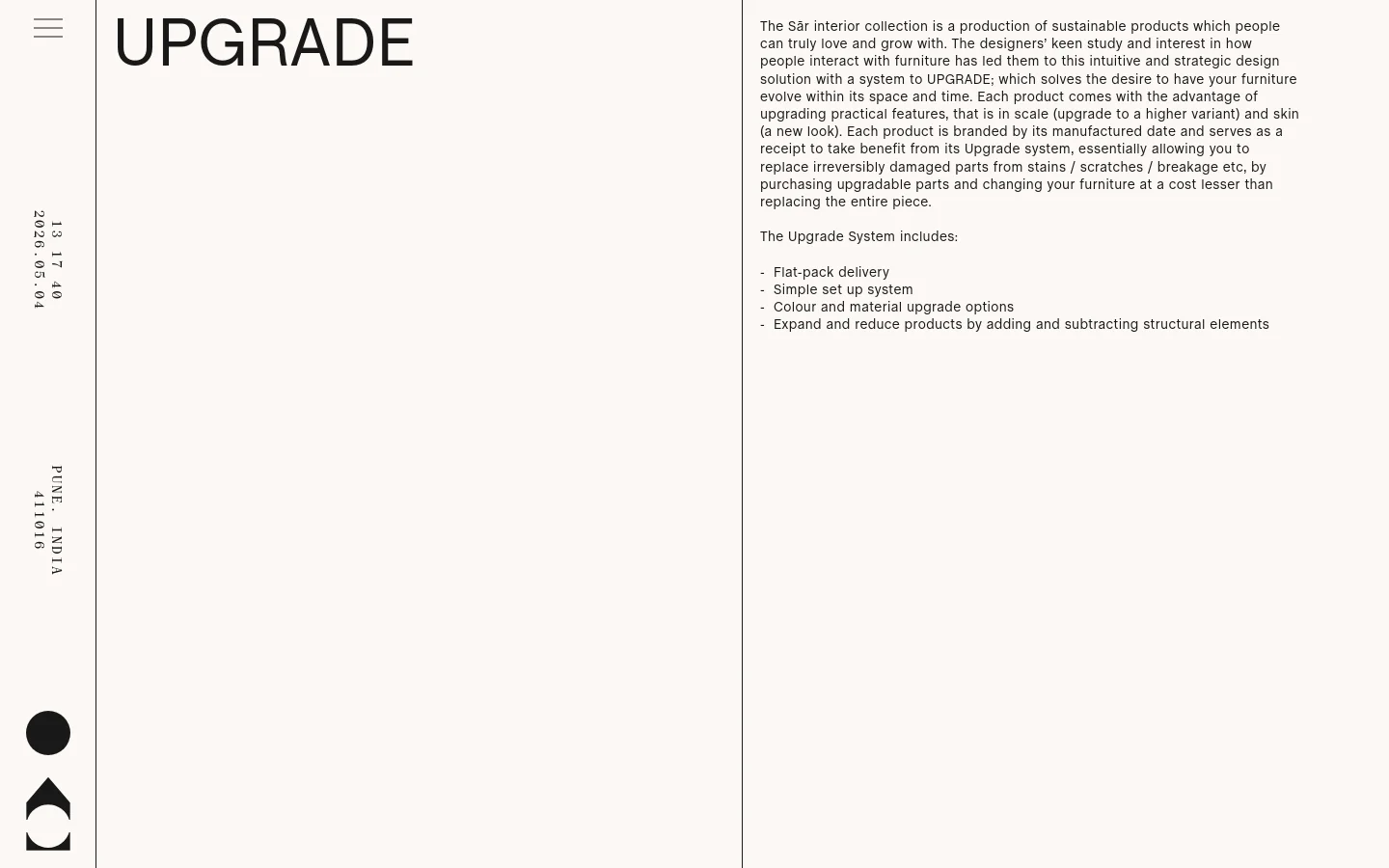 The desktop page features a minimalist design with a large, bold 'UPGRADE' headline on the left. To the right, a text block explains the Sār interior collection's sustainable upgrade system, including flat-pack delivery and material options. The layout uses a clean white background with black typography and includes vertical text on the far left margin.