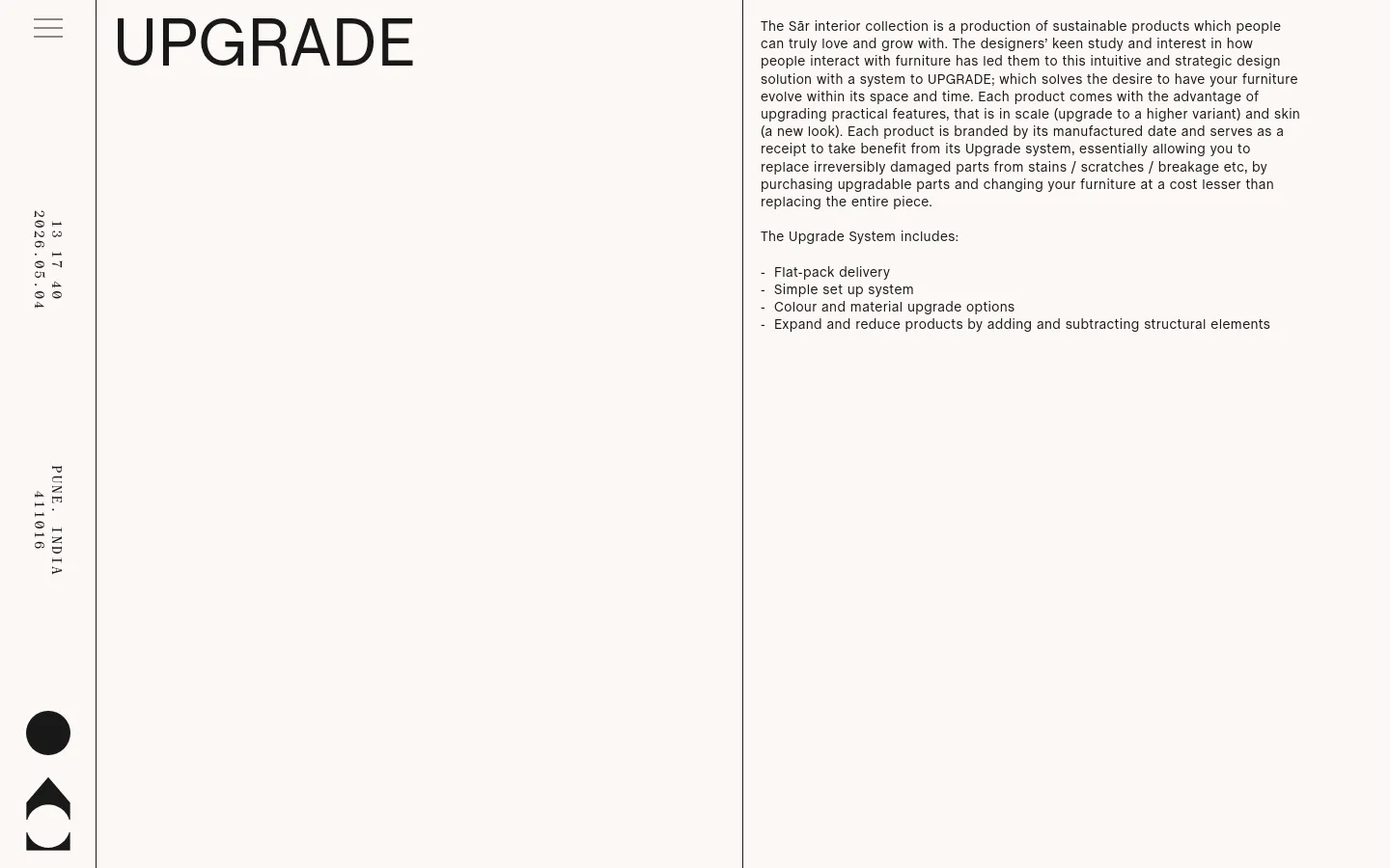 The desktop page features a minimalist design with a large, bold 'UPGRADE' headline on the left. To the right, a text block explains the Sār interior collection's sustainable upgrade system, including flat-pack delivery and material options. The layout uses a clean white background with black typography and includes vertical text on the far left margin.