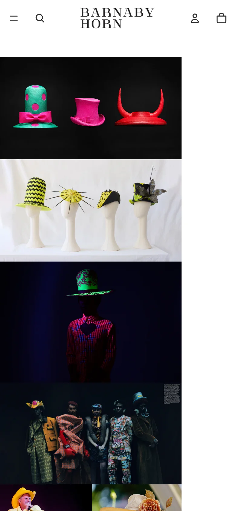 The mobile version uses a simplified header with a hamburger menu on the left, a search icon, a user profile icon, and a shopping bag icon on the right. The content consists of the same large, full-width fashion photographs of unique headwear stacked vertically, optimized for a narrow portrait screen.