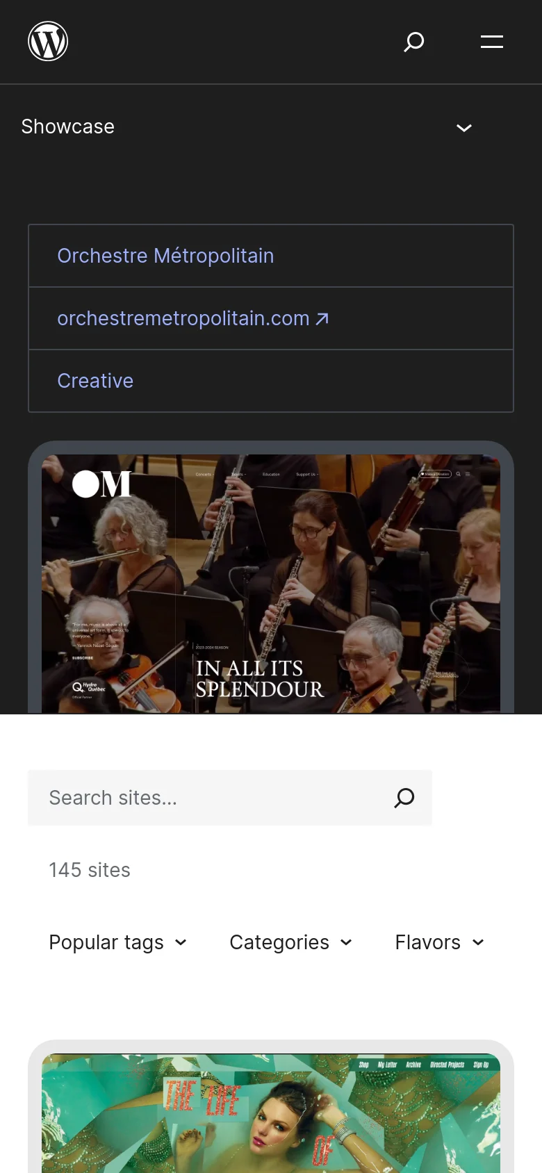 The mobile version of the Showcase page uses a condensed layout with a dark header containing the WordPress logo, a search icon, and a hamburger menu. The hero section is stacked vertically, showing the site title and information above the large featured website image, followed by a search bar and dropdown filters.