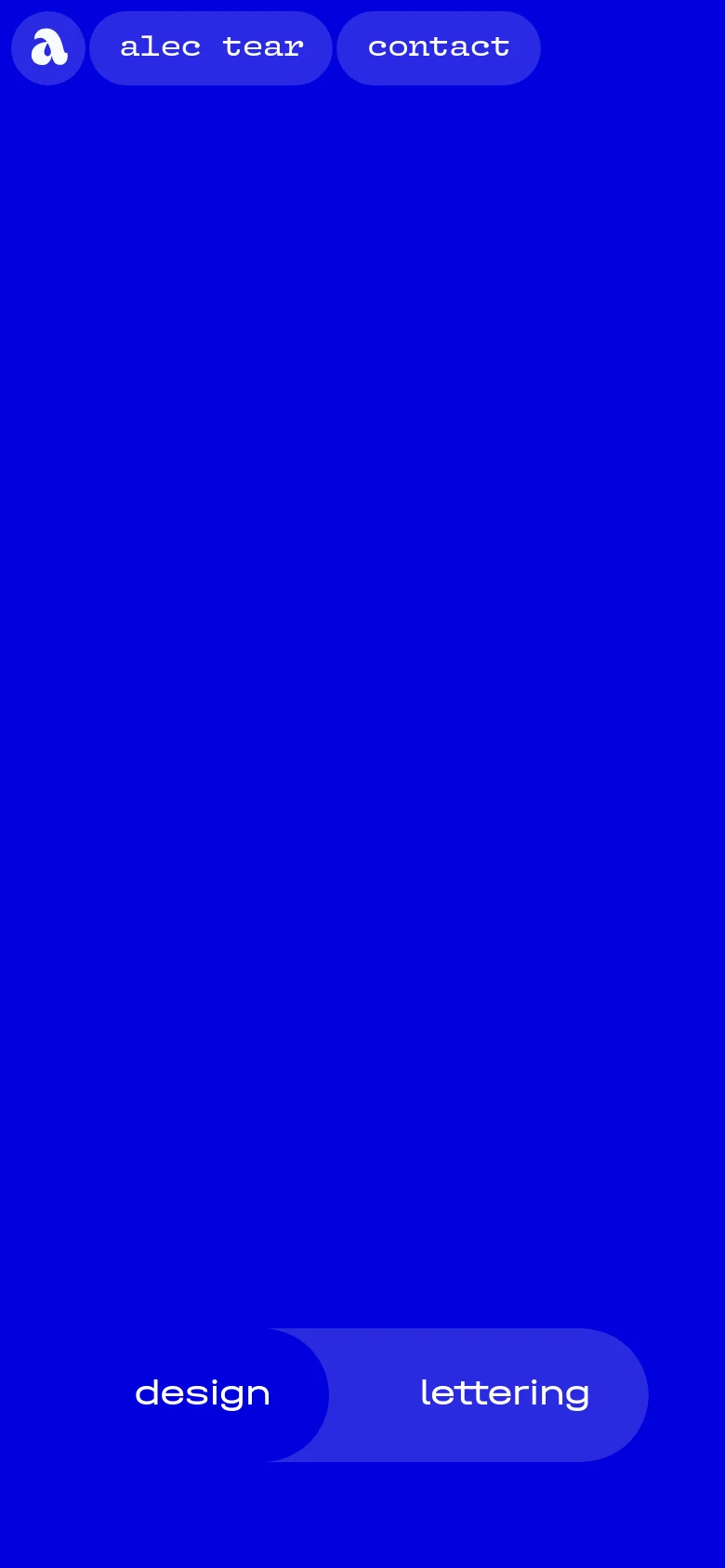 A mobile version of the homepage with a solid blue background. The navigation is simplified to two rounded buttons at the top: 'alec tear' and 'contact'. At the bottom, a large light blue shape contains the text 'design' and 'lettering' arranged horizontally.